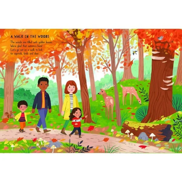 Illustrated scene of children walking through an autumn woodland with colourful trees, fallen leaves and deer.