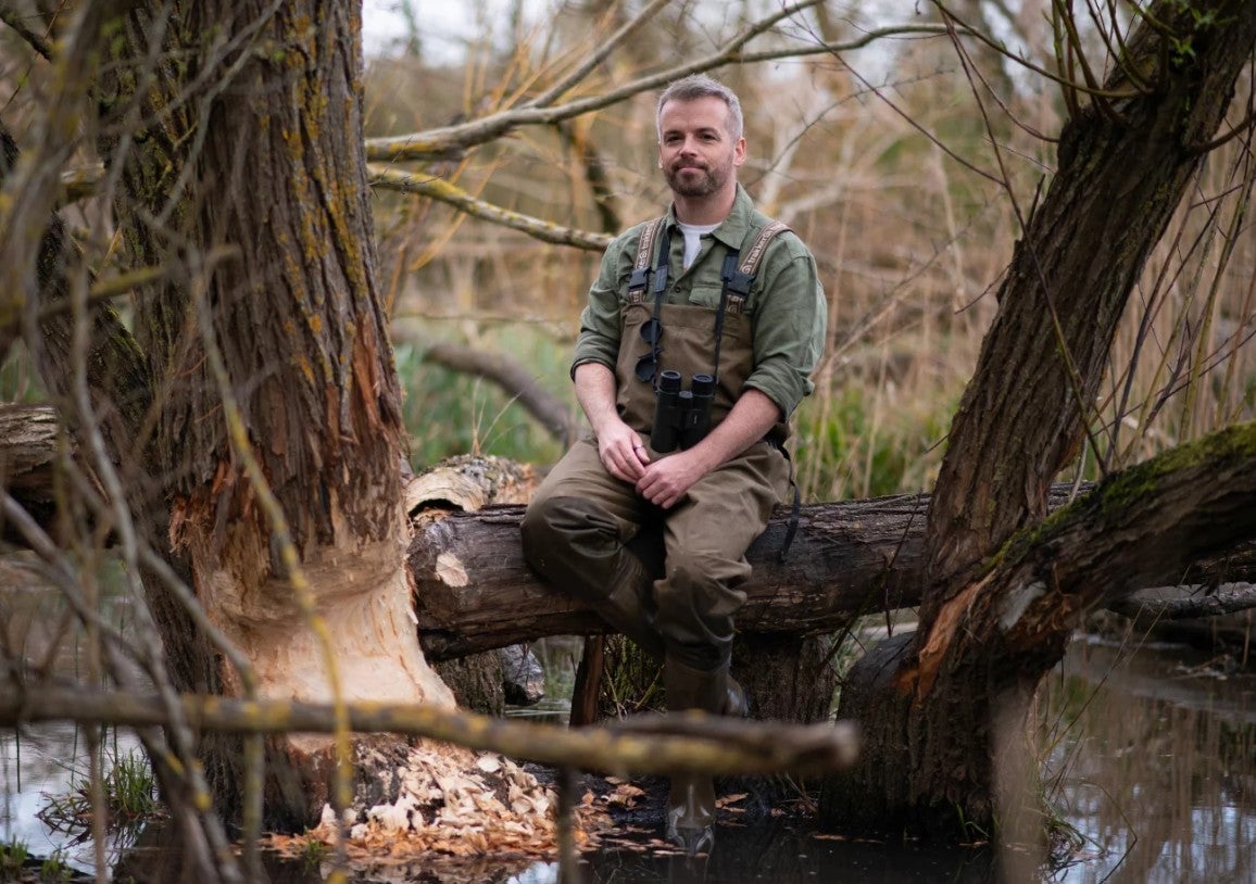Person wearing chest waders sits on a fallen tree in a wetland area beside trees showing evidence of beaver activity.