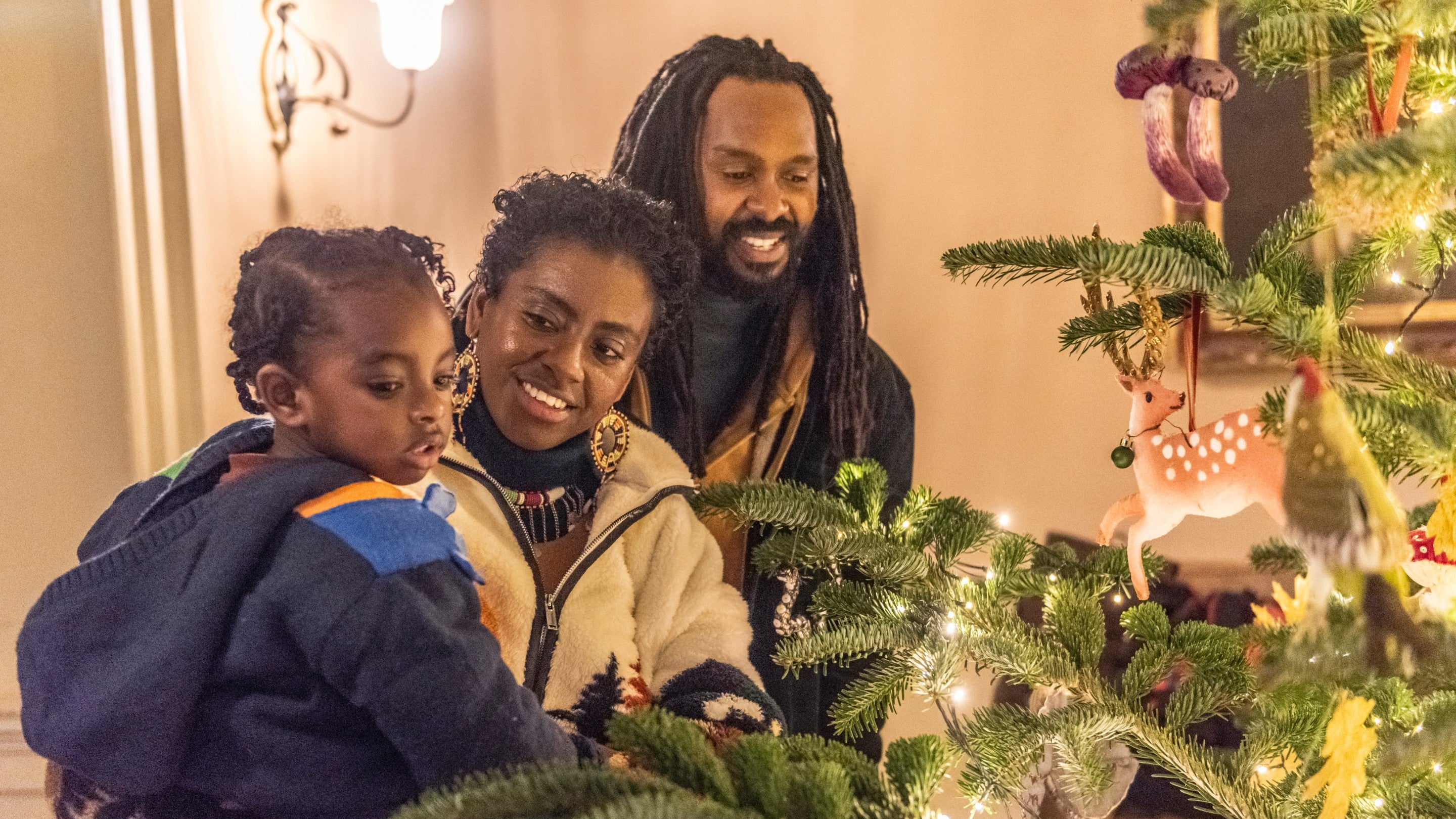 Visitors exploring the Christmas decorations in Newton House at Dinefwr, Carmarthenshire