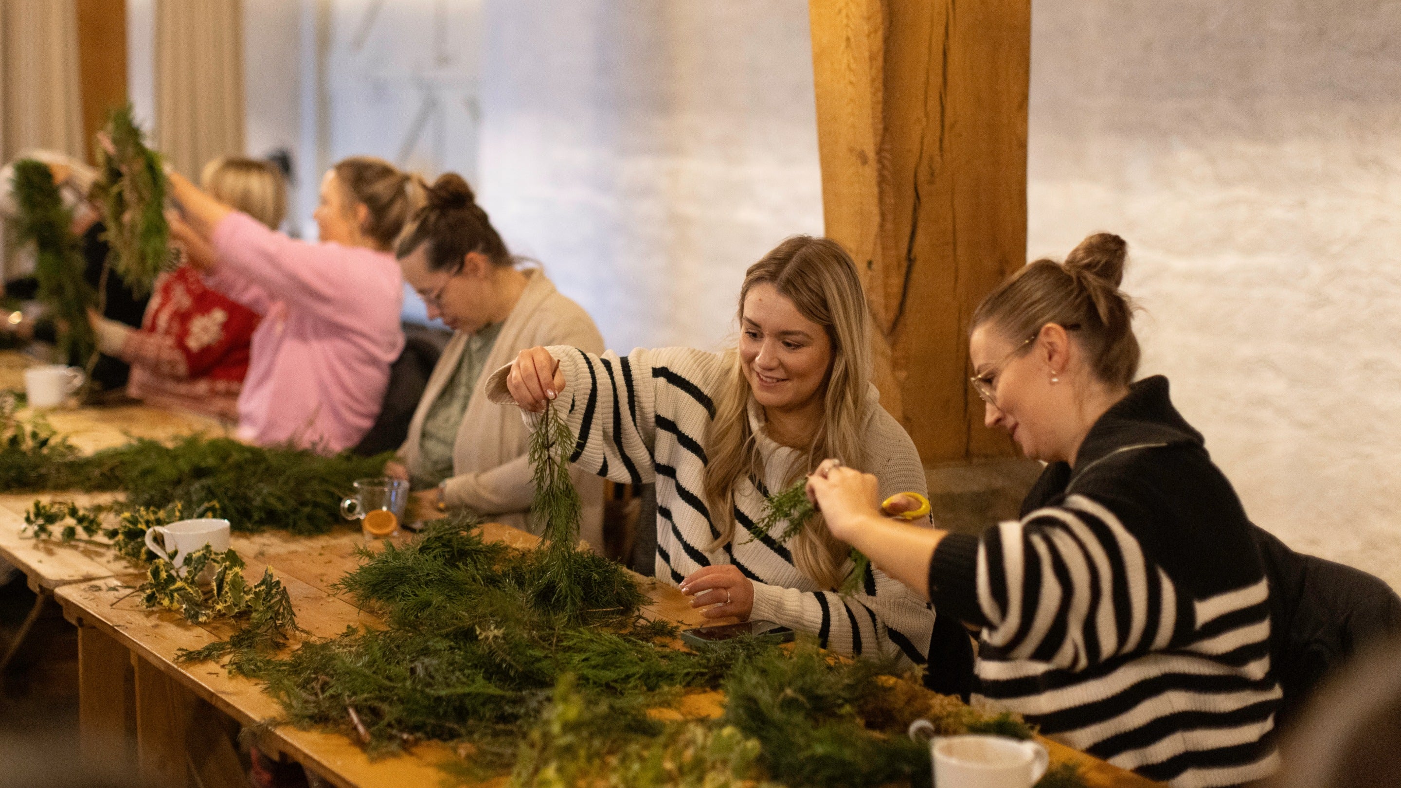 Festive wreath making work shop with mulled wine and hot chocolates at Christmas at East Riddlesden Hall, West Yorkshire