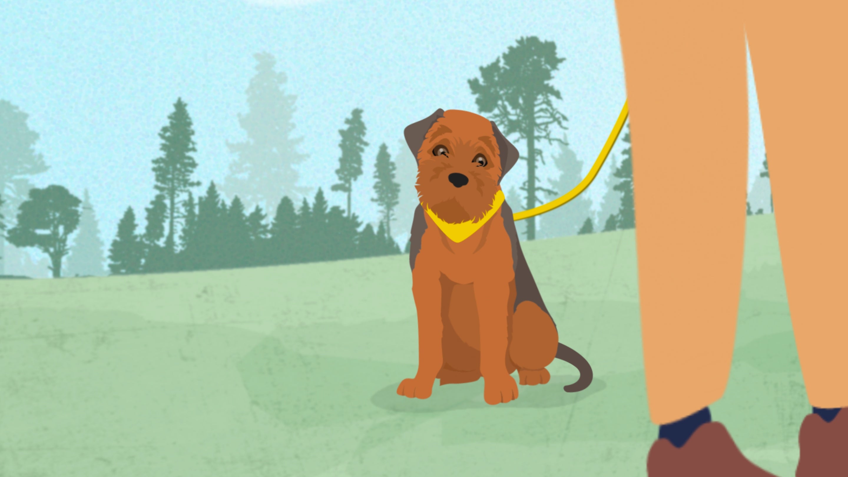 A still image taken from an animation depicting a dog feeling anxious, with its tail wrapped round close to its body.