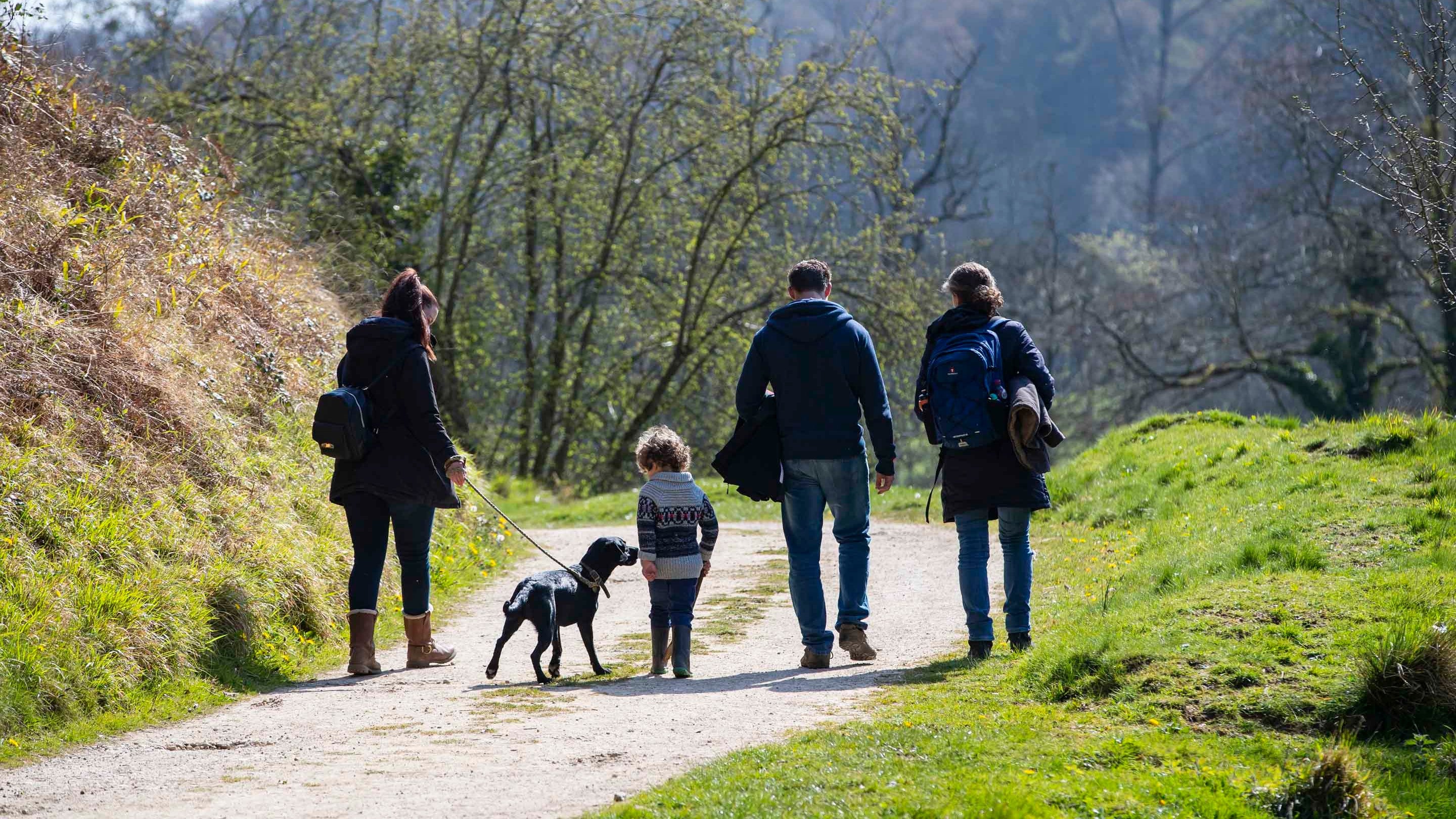 A family group walking their dog in the countryside at Woodchester Park in Gloucestershire