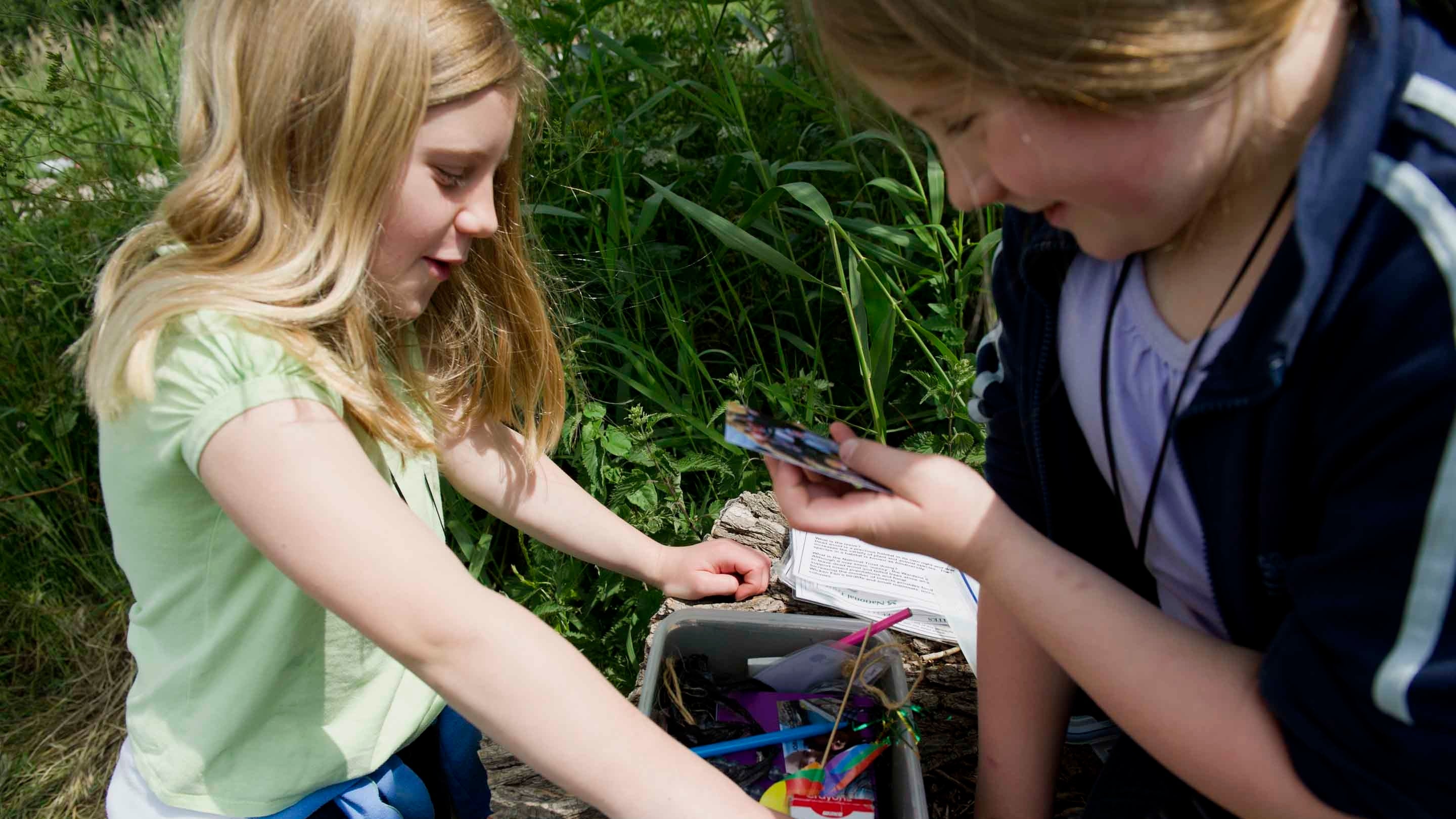 Children finding a geocache box of treasure at Wicken Fen National Nature Reserve, Cambridgeshire