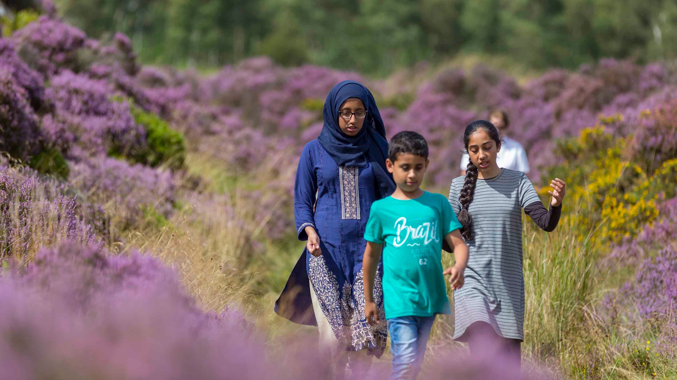 Visitors walking along the family trail at Longshaw, Burbage and the Eastern Moors, Derbyshire