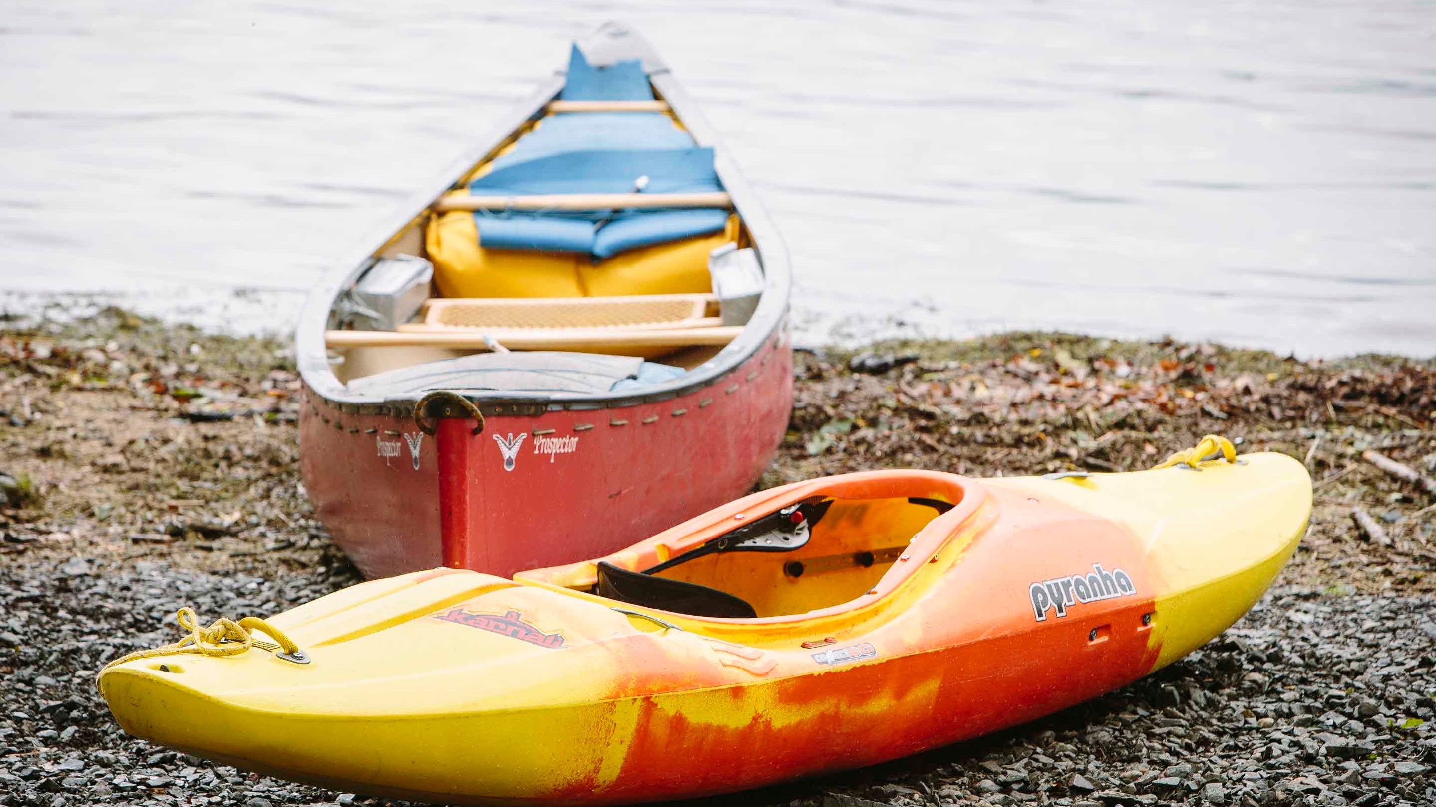 Kajak and canoe on the shore at Derwent Water in the Lake District
