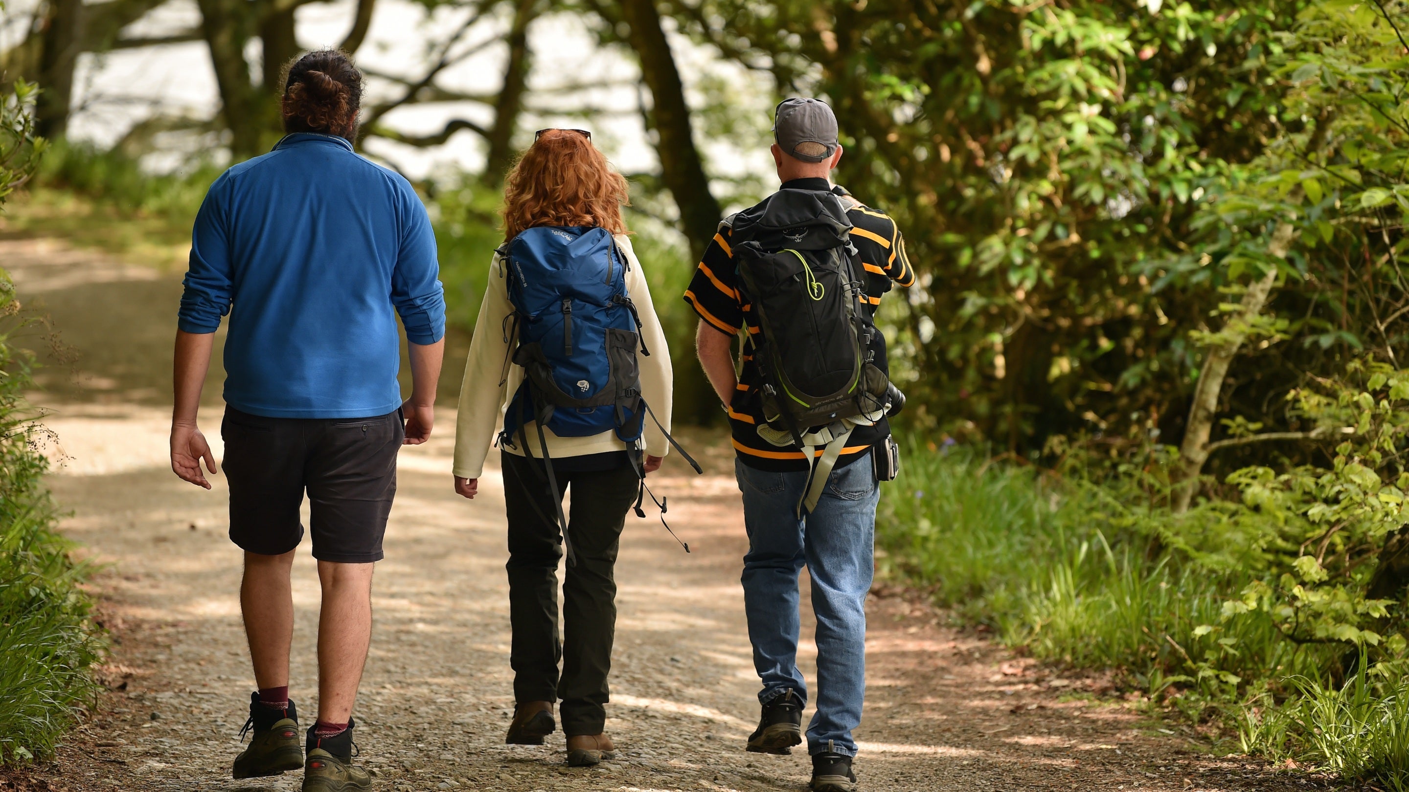 Three visitors walk along the South West Coast Path