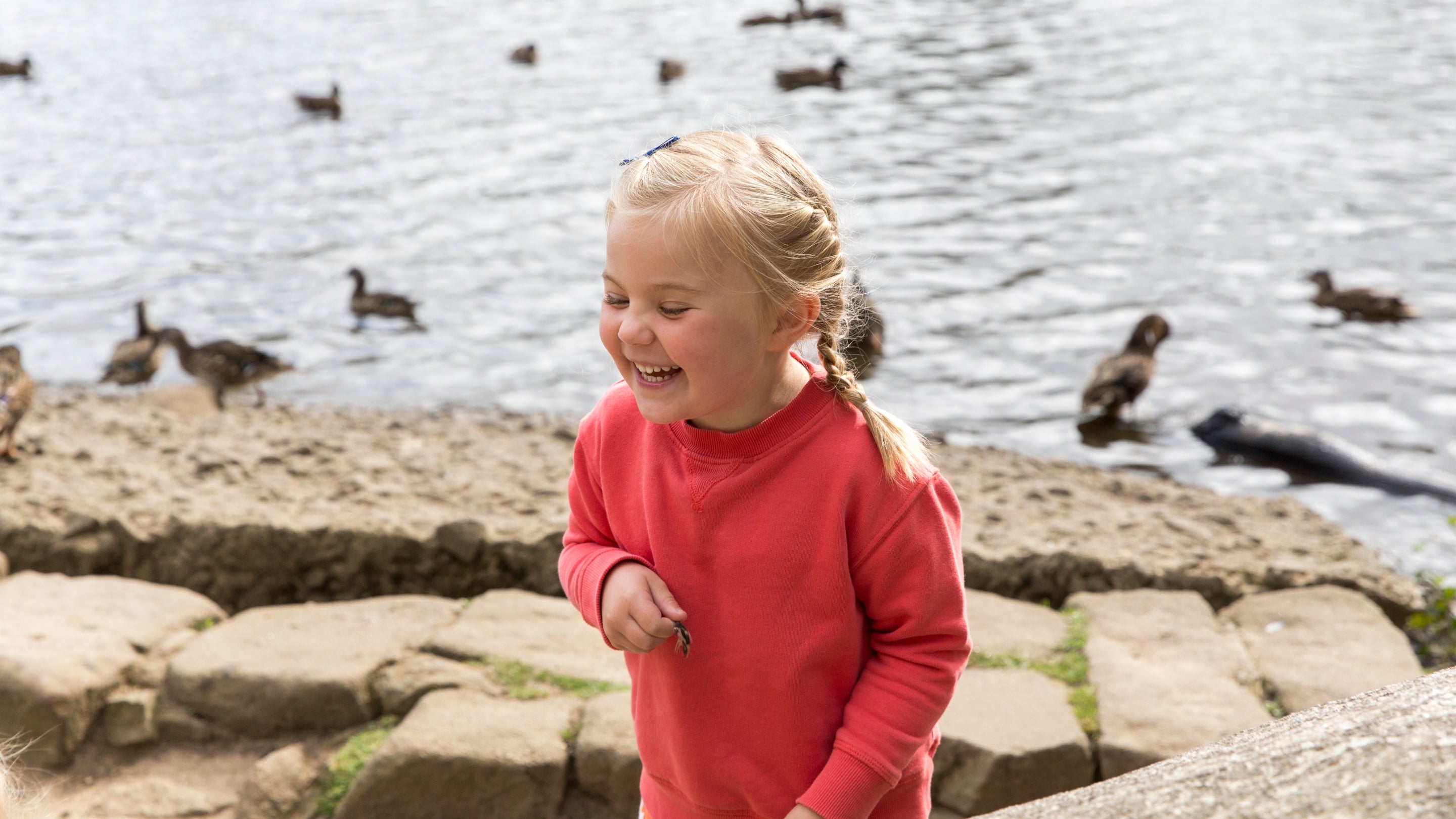 A young girl playing by the Longshaw pond, Burbage and the Eastern Moors, Derbyshire