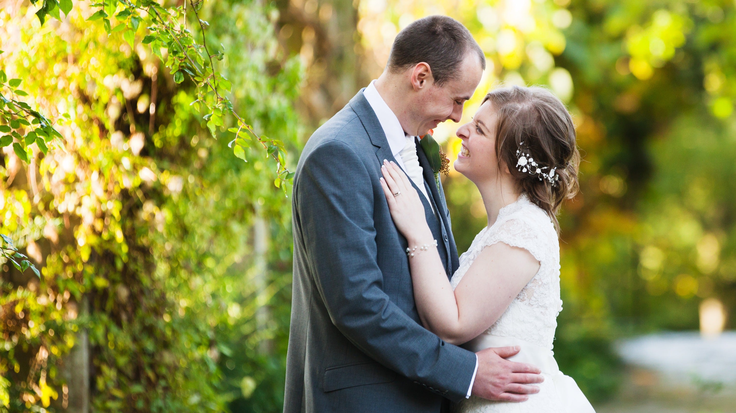 A bride and groom on their wedding day in the garden at Mount Stewart, County Down
