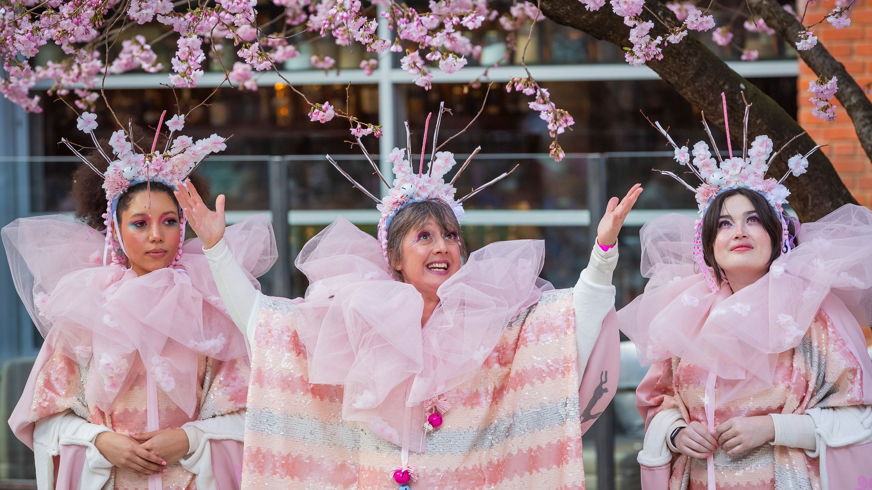 Three women, dressed as blossom fairies stand underneath cherry blossom