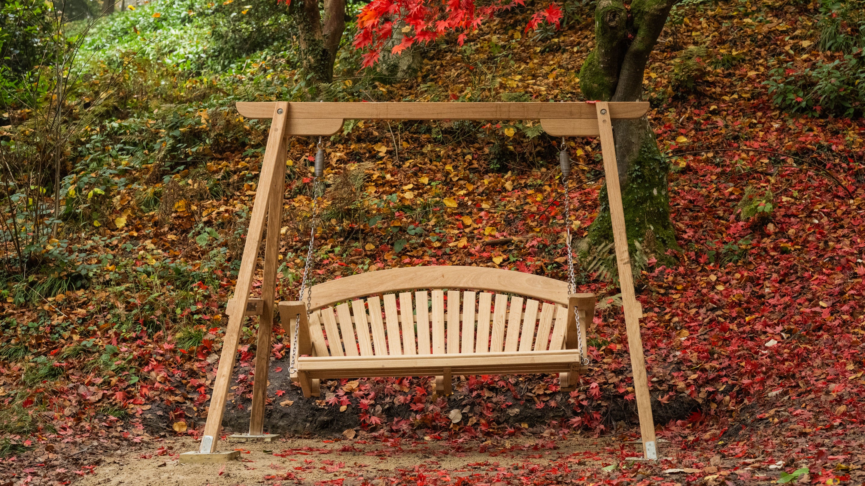 Swinging seat placed amongst red leaves outside