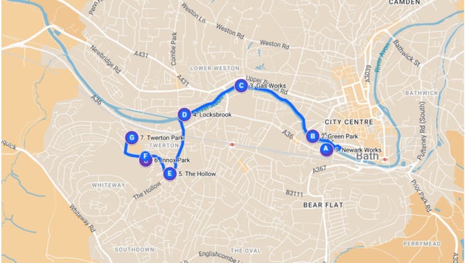 A map of the walking tour with points 1 to 7 marked along the path of the tour.