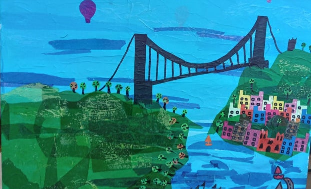 A piece of artwork that shows a blue sky, suspension bridge and a river scene below.