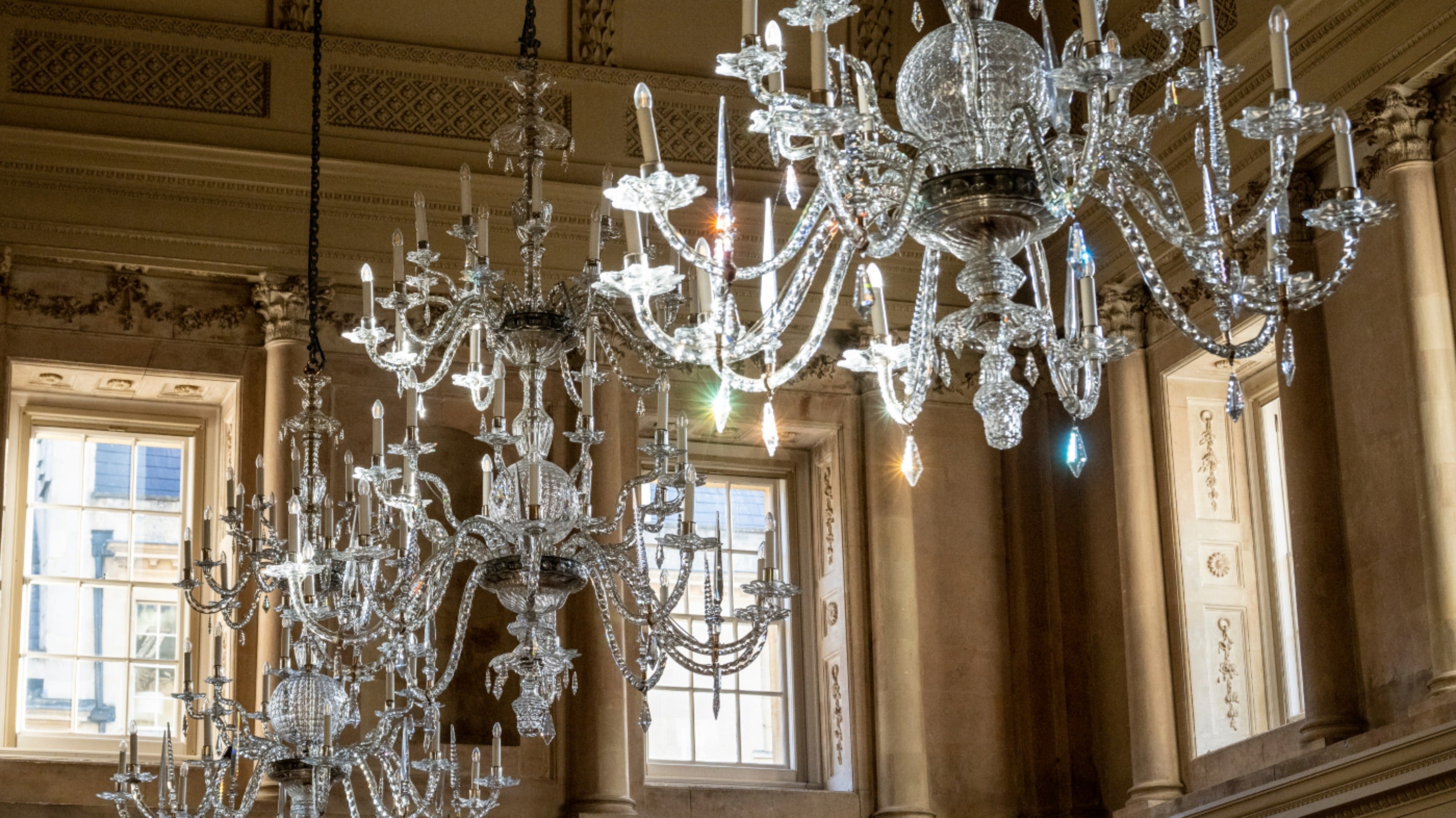 Georgian chandeliers in the café at Bath Assembly Rooms, Bath