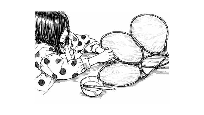 An illustration showing a child adding glue to the withy petal frame