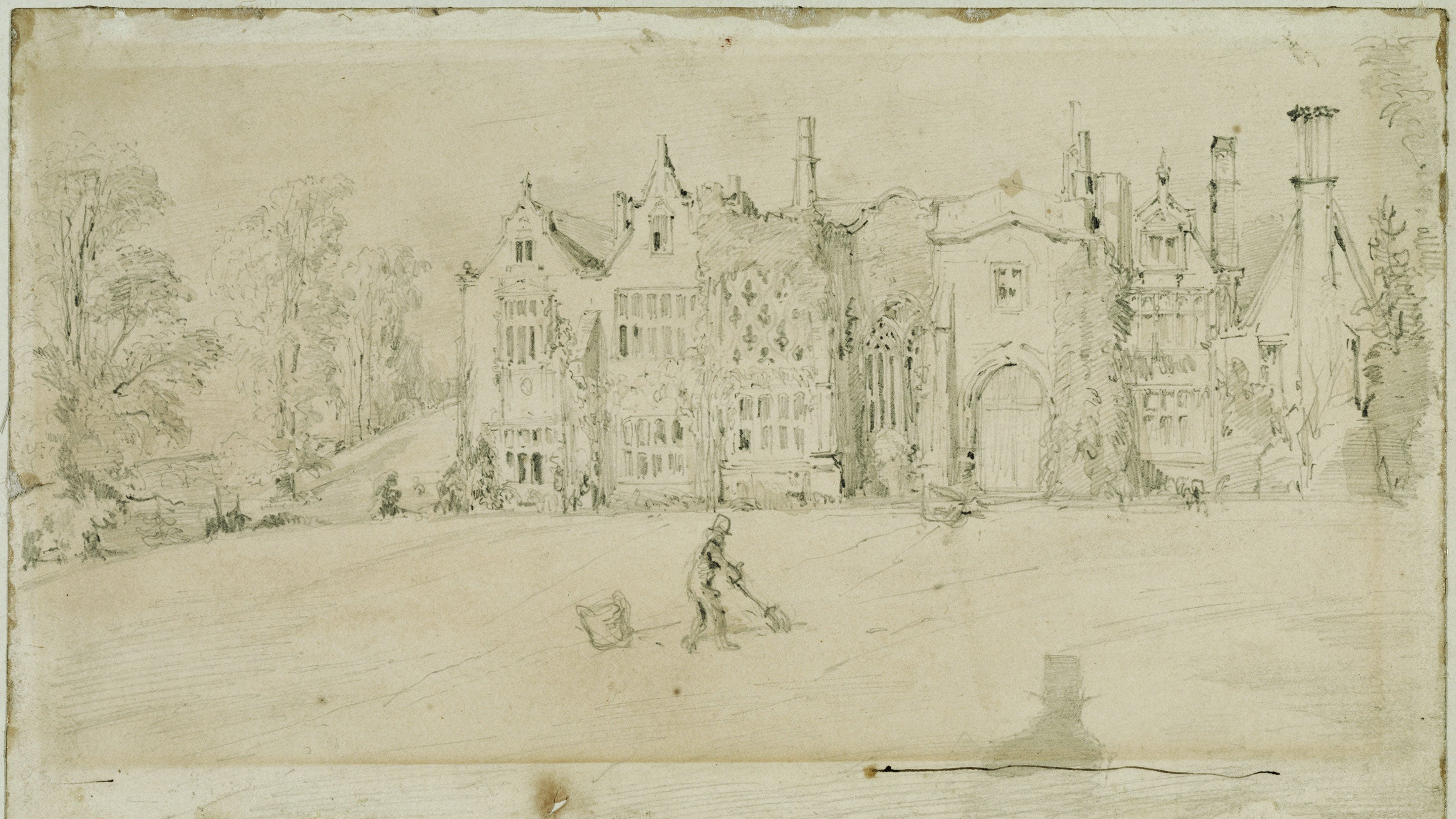 Drawing of Clevedon Court by William Makepeace Thackeray. Pencil on grey wash.
