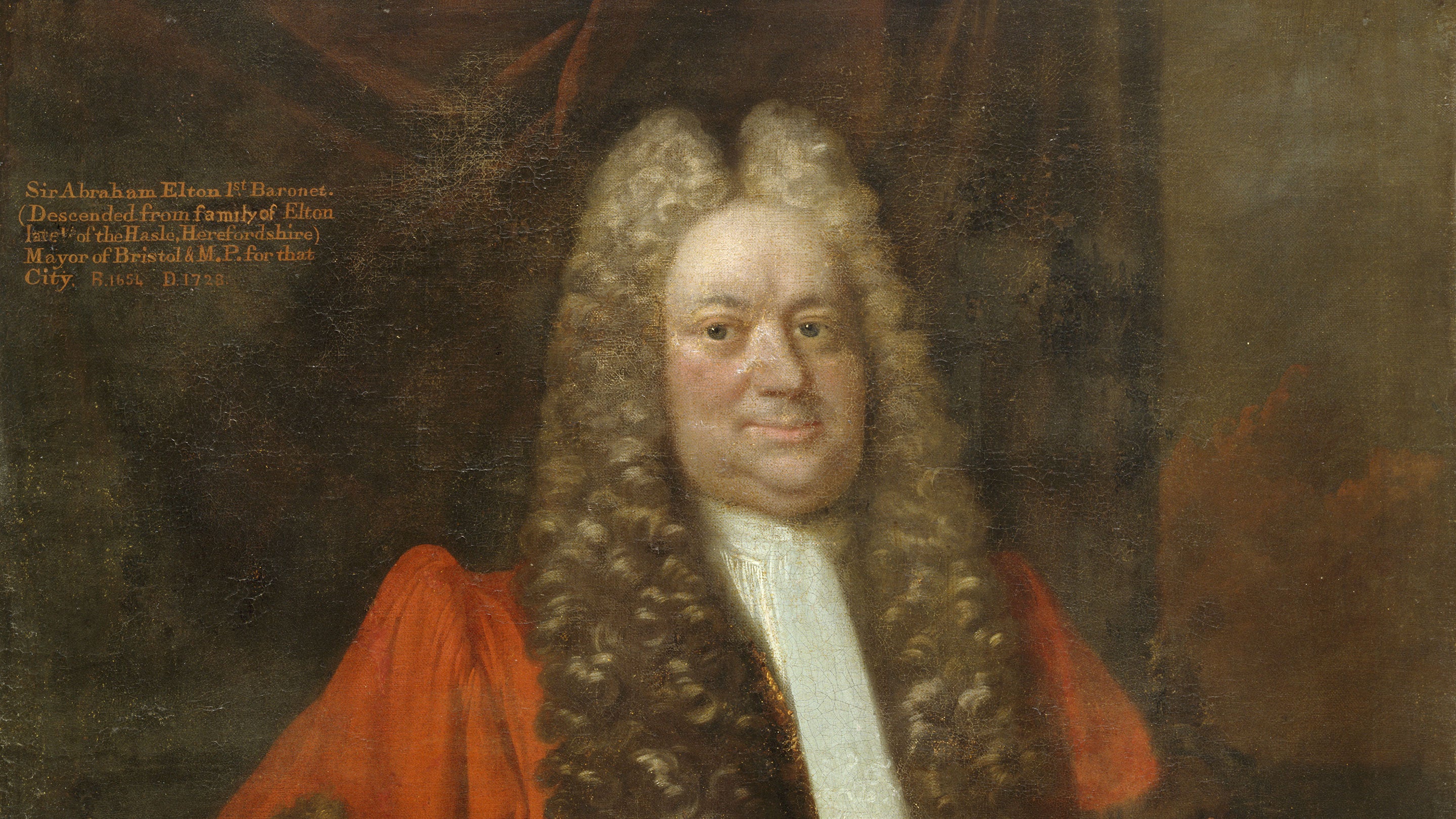 ADetail of a oil on canvas portrait of Sir Abraham Elton as a stout elderly man, turned slightly to the right, gazing at the spectator, in a long full-bottomed wig, and wearing scarlet mayoral robes and a long white stock. A large dark-red drape in the background bears the inscription. He was the second son of Isaac Elton and Elizabeth (?); married Mary Jefferies, daughter of Robert Jefferies As a wealthy Bristol merchant he bought Clevedon Court and land around Clevedon.