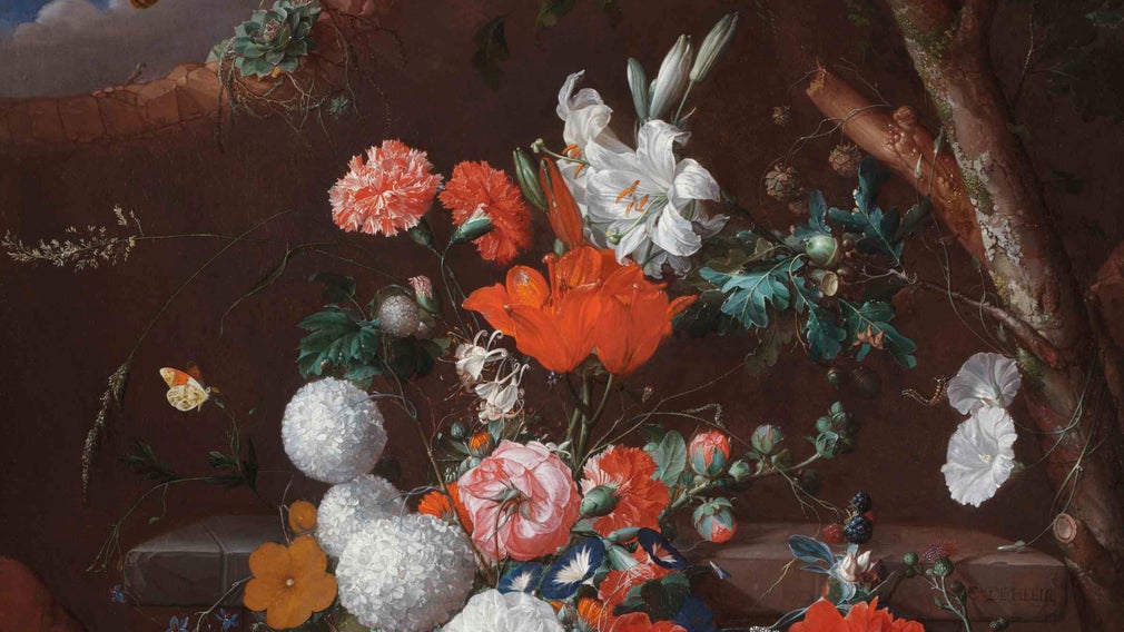 Oil painting on canvas. A Still Life of Flowers and Fruit arranged on a Stone Plinth in a Garden by Cornelis de Heem (Leiden 1631 - Antwerp 1695) <a href=