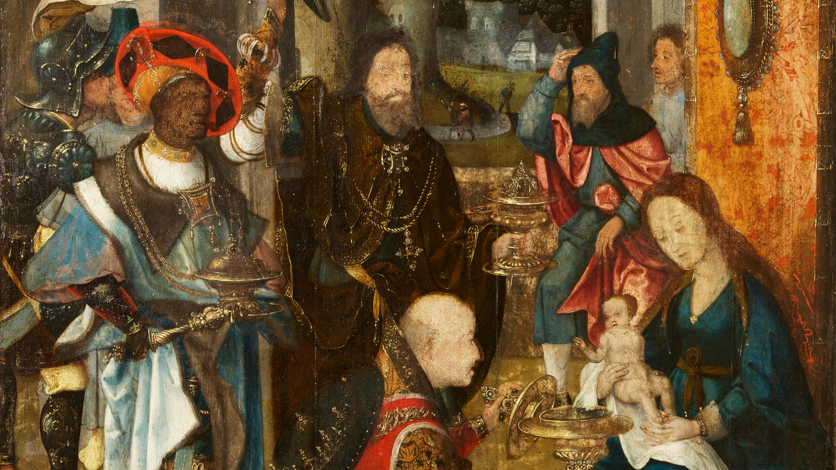 Oil painting on panel, The Adoration of the Magi in the centre, with The Nativity by Night with Shepherds on the left wing, and The Flight into Egypt on the right wing, attributed to Jan van Doornik (active 1474-1511), circa 1530