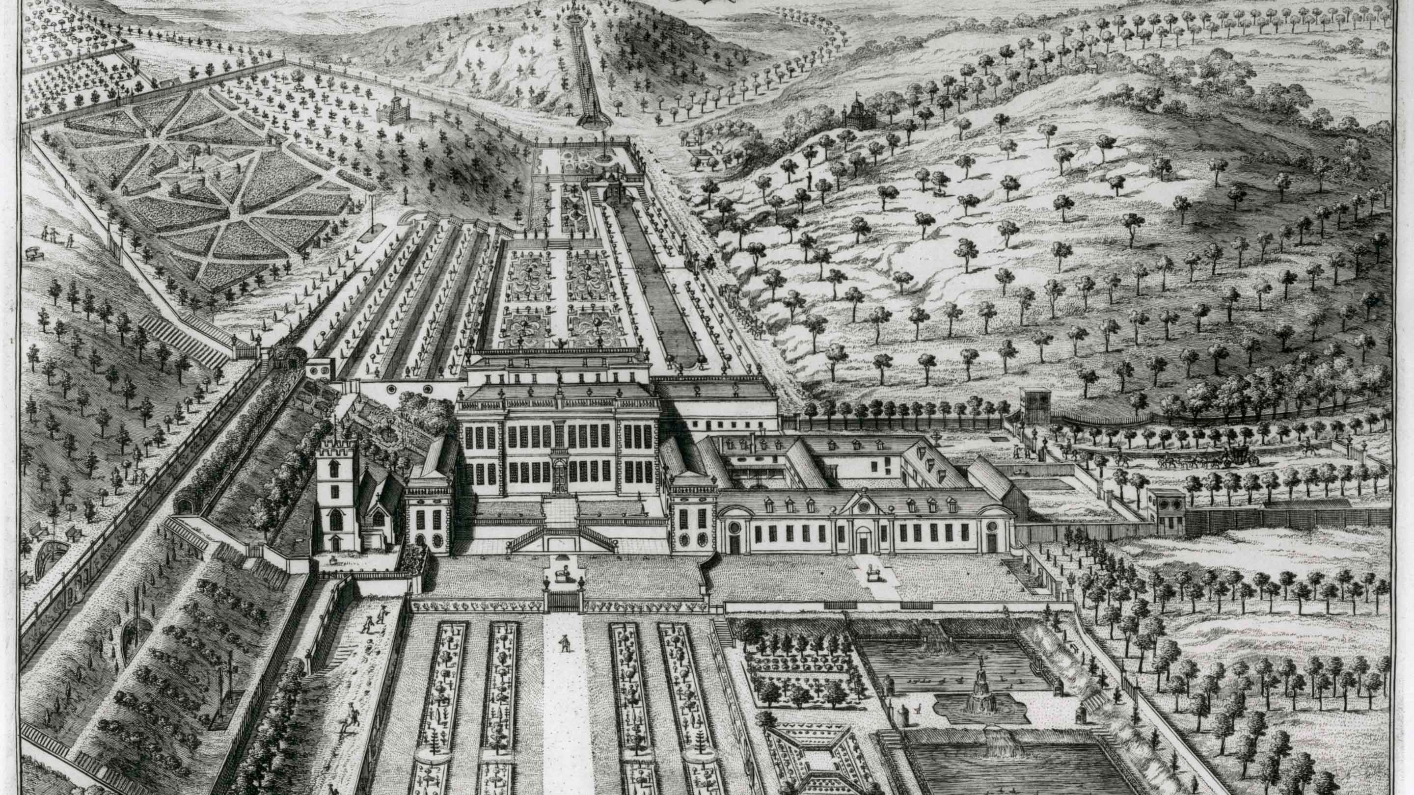 Engraving of Dyrham Park, including the house and garden, by Johannes Kip (d1722)
