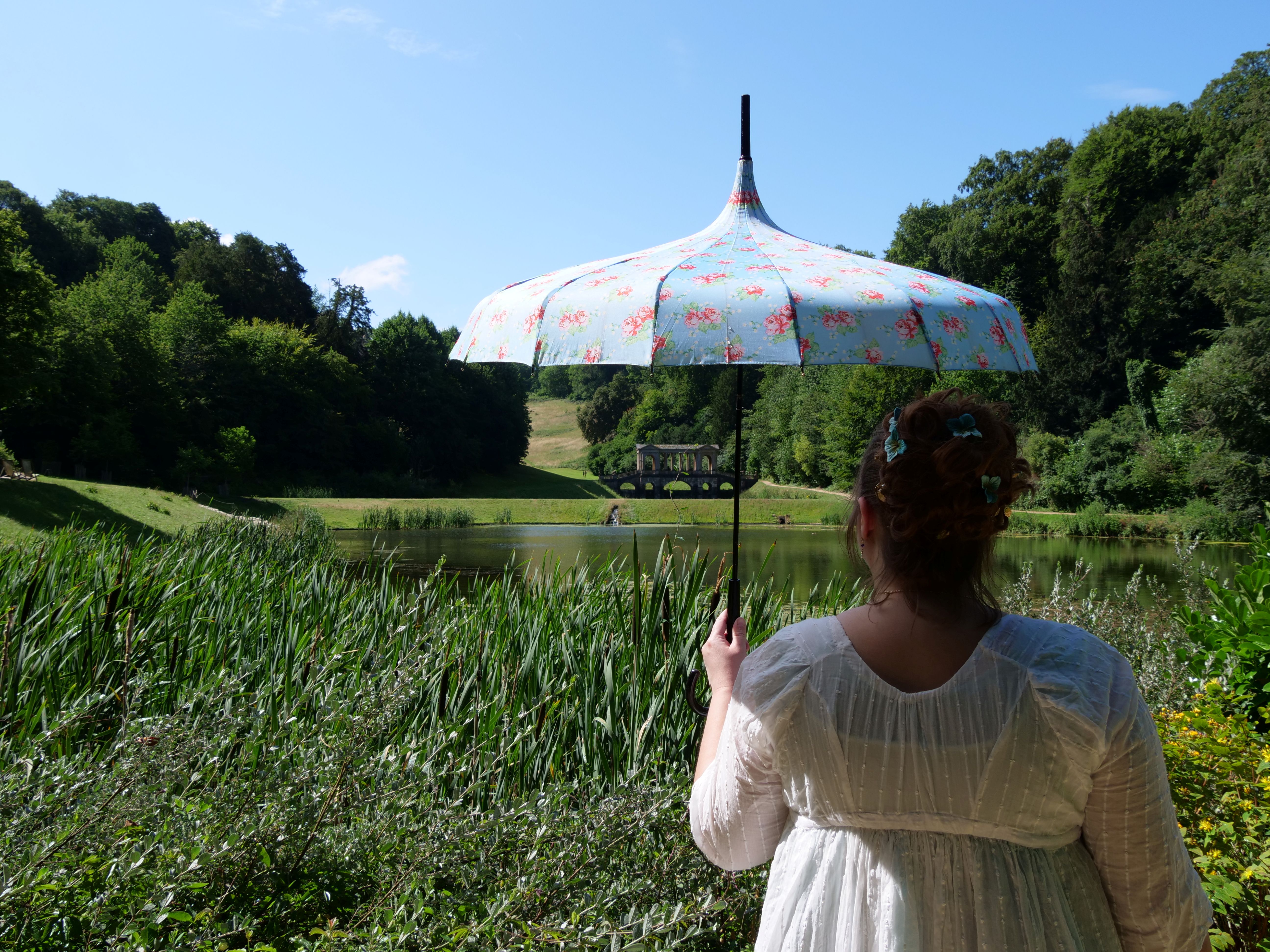 Visitor in Regency dress at Prior Park for Jane Austen Festival