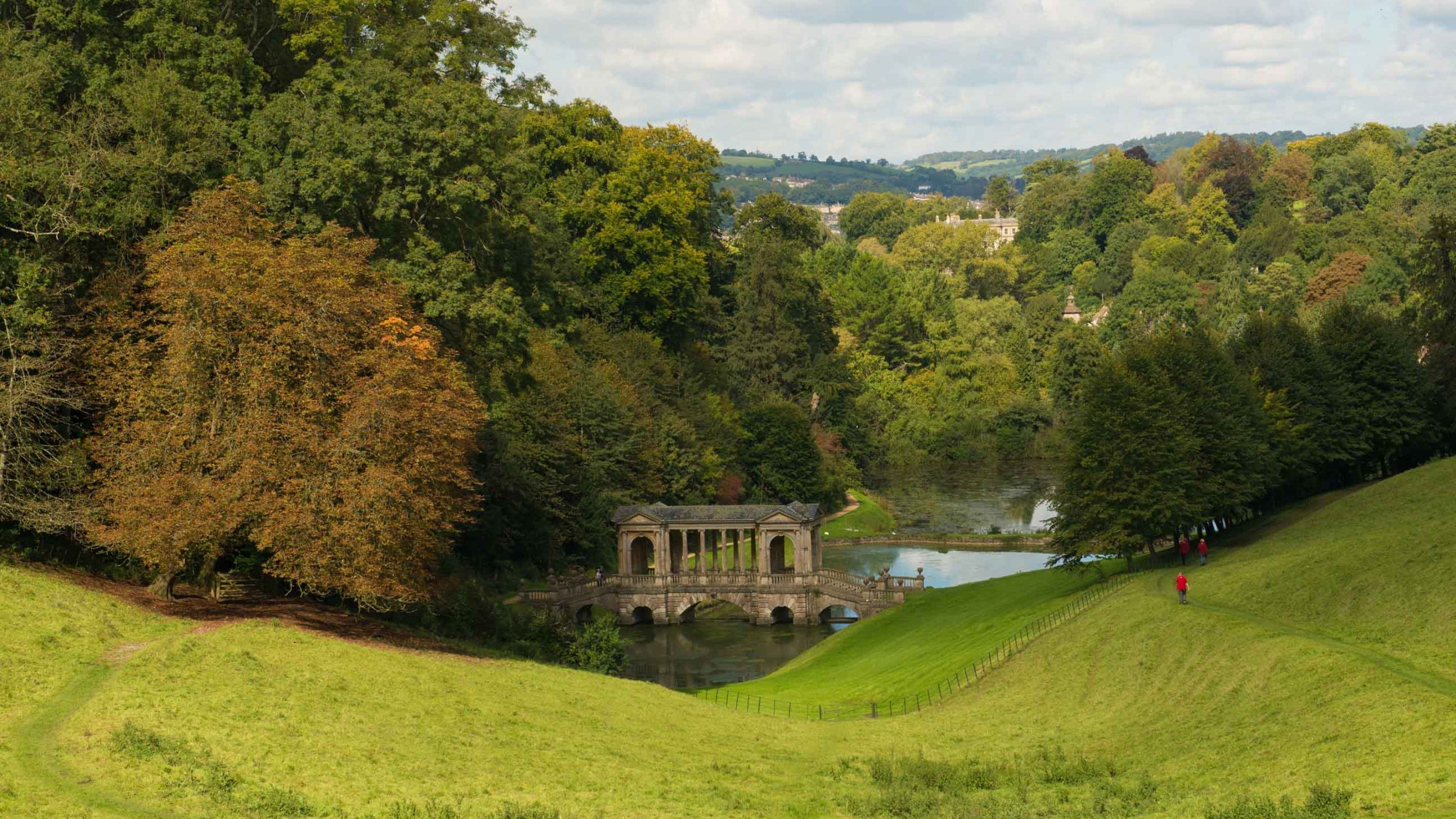 View of the Palladian Bridge from above at Prior Park, Somerset