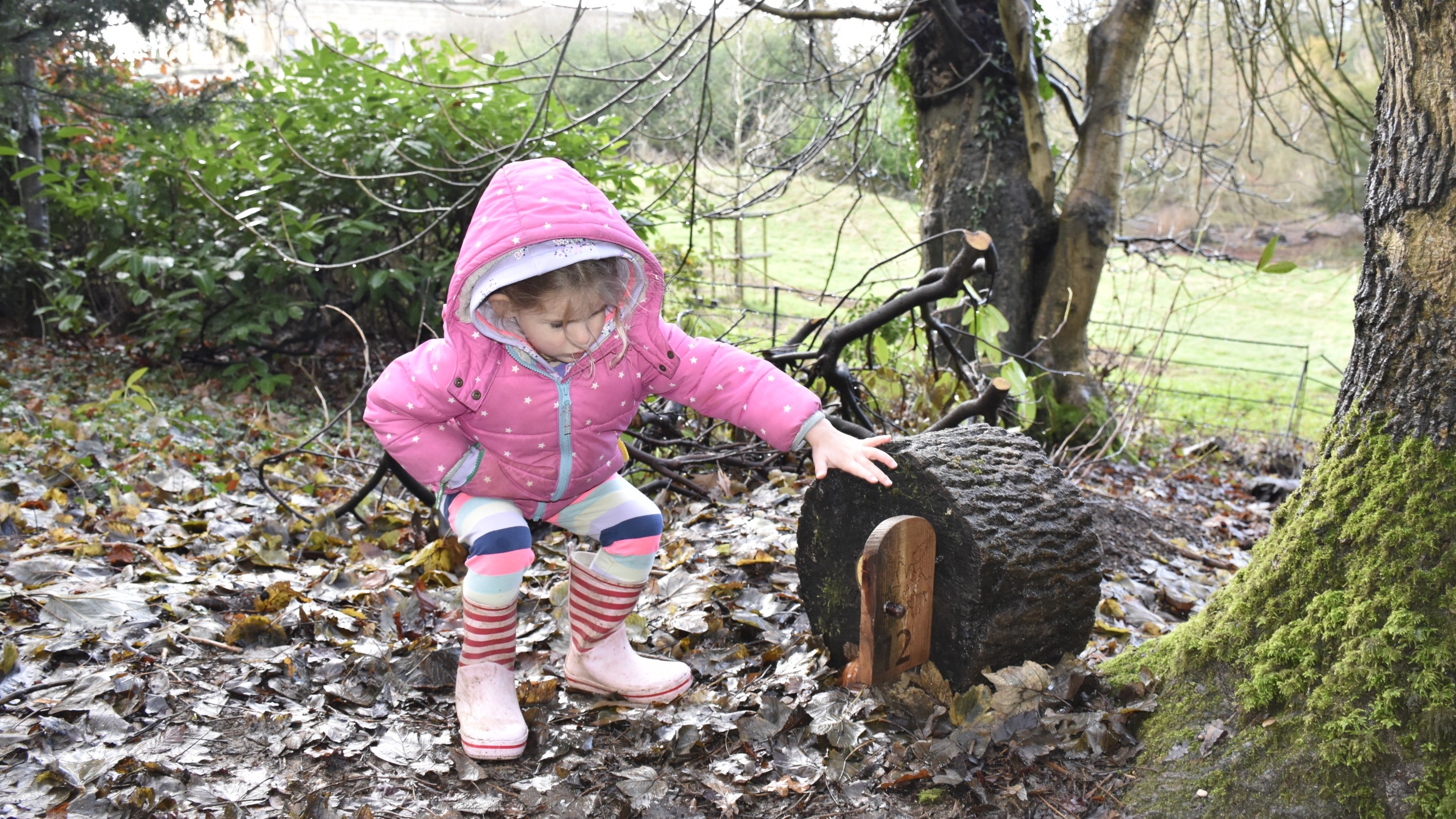 A small child bending over to open one of the advent doors that's nestled in leaves near at path at Prior Park