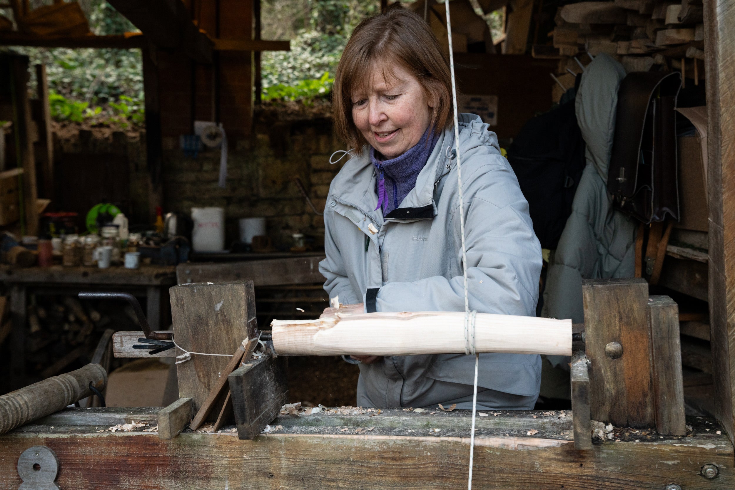 A women using a pole lathe on a course with the Somerset Bodgers