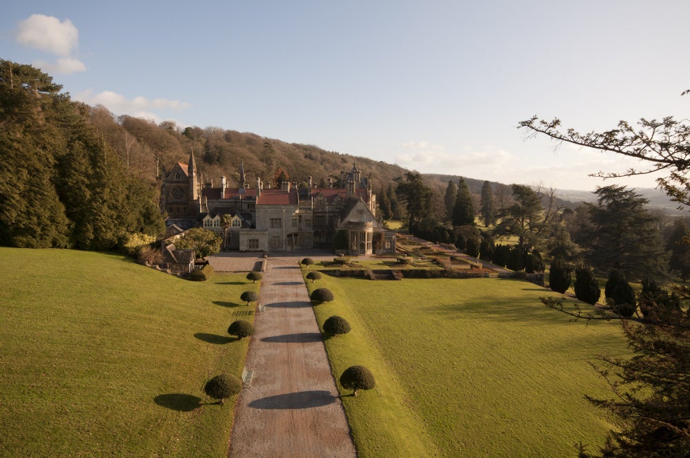 Aerial shot of the west front of Tyntesfield, Wraxall, Somerset