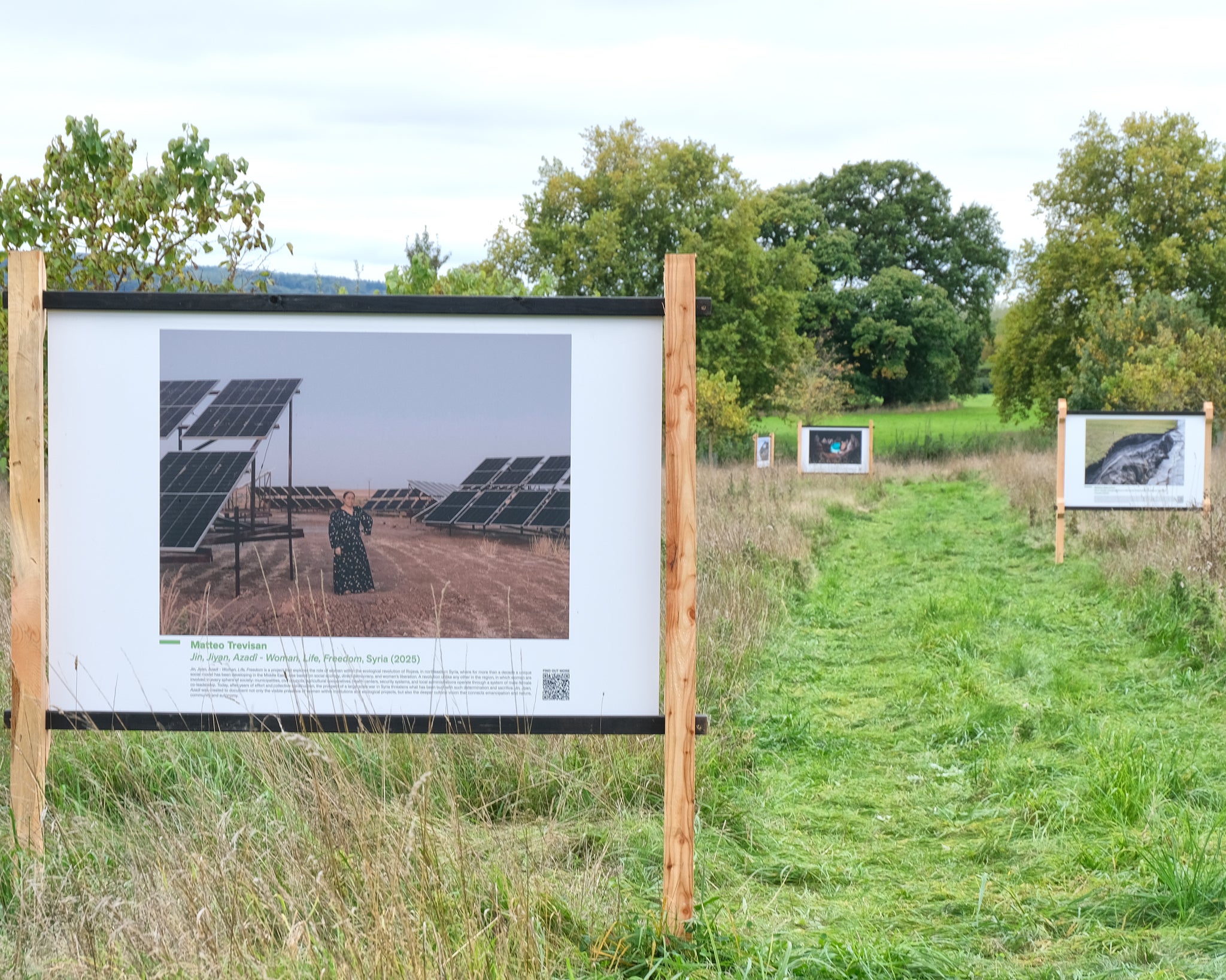 Large signboards in Tyntesfield's orchard as part of the Earth Photo 2026 exhibition