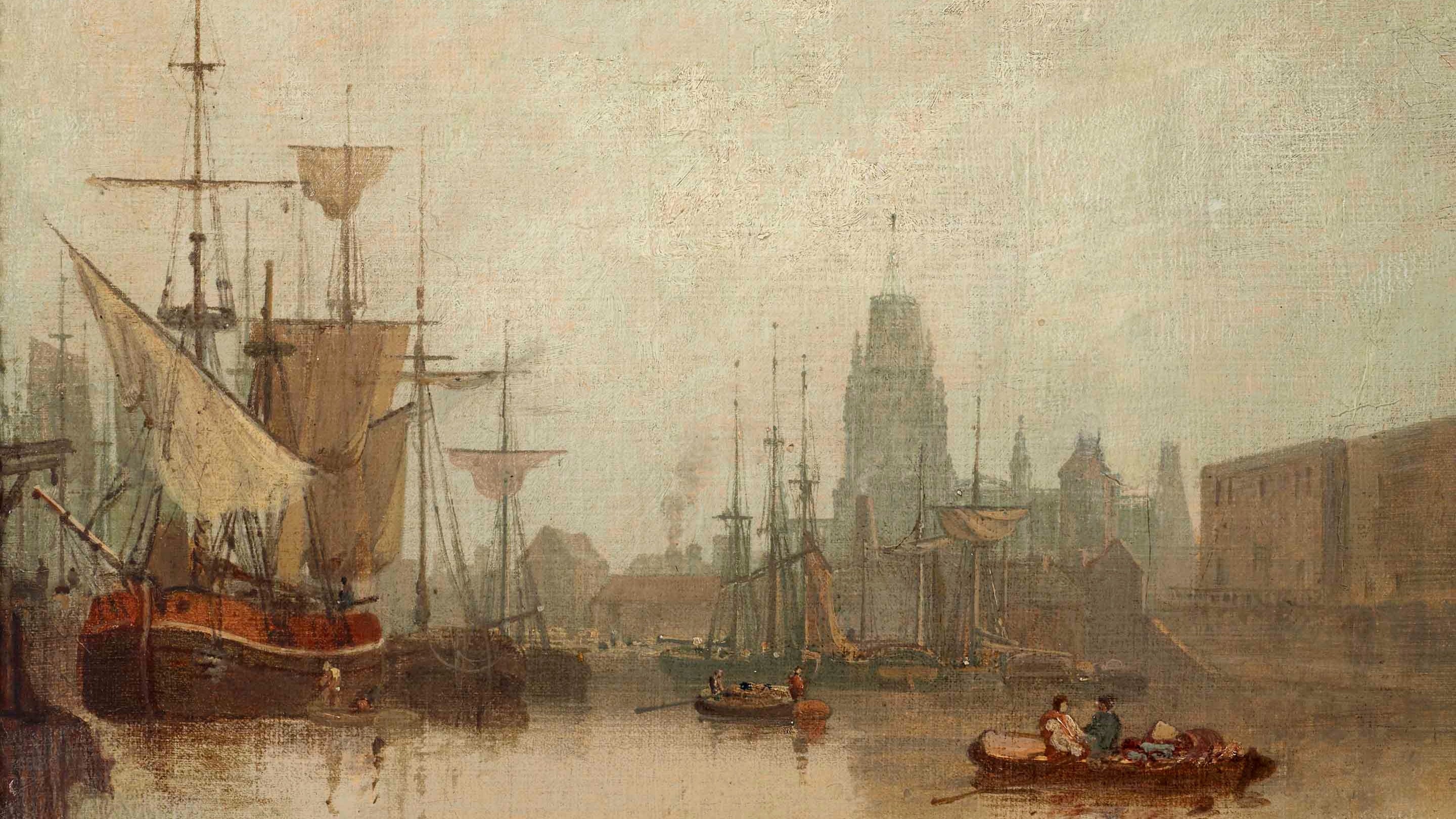 A painting of sailboats in the harbour at Bristol docks with St Mary Redcliffe Church in the background