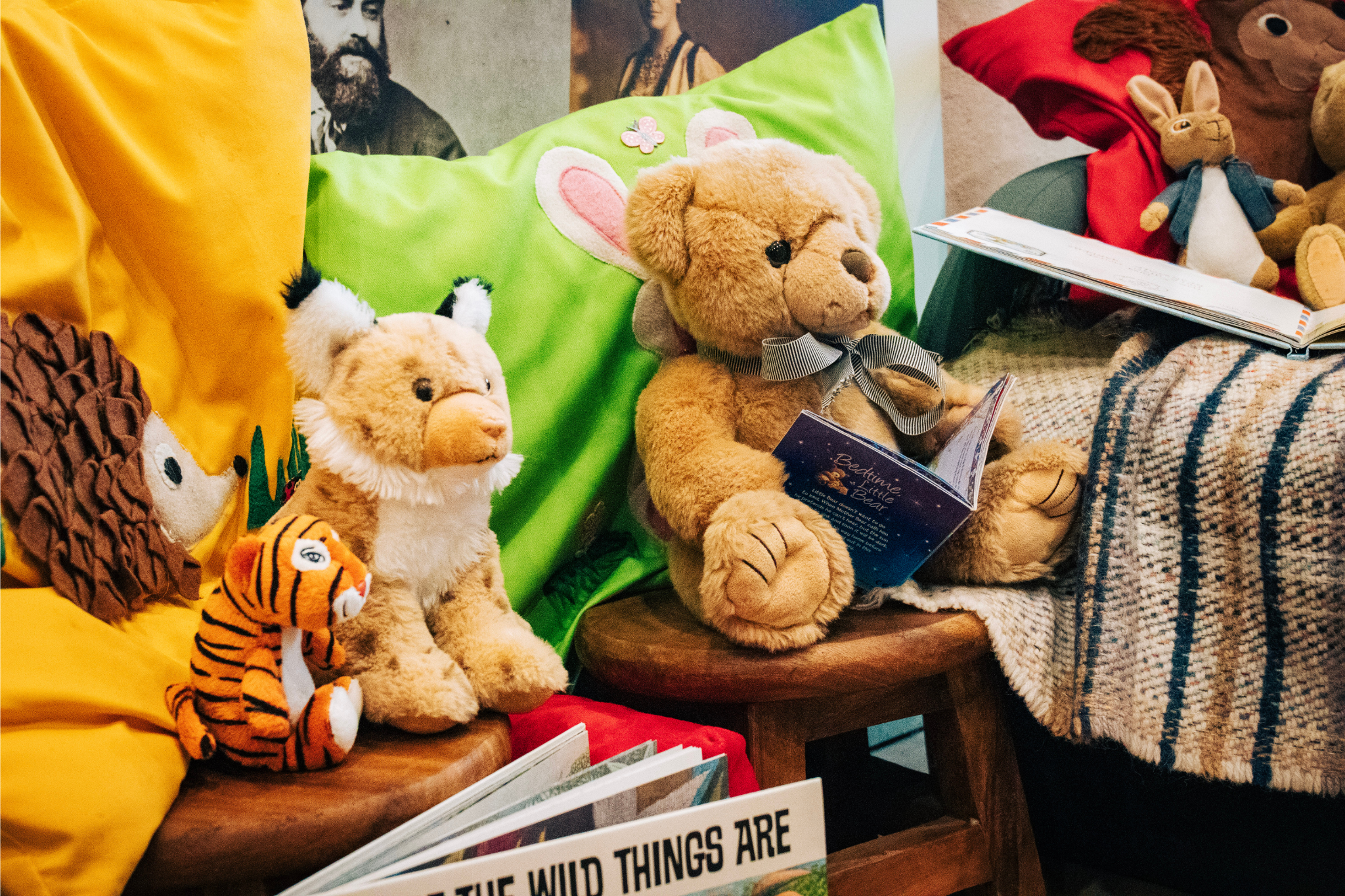 Soft toys reading books for World Book Day 2026