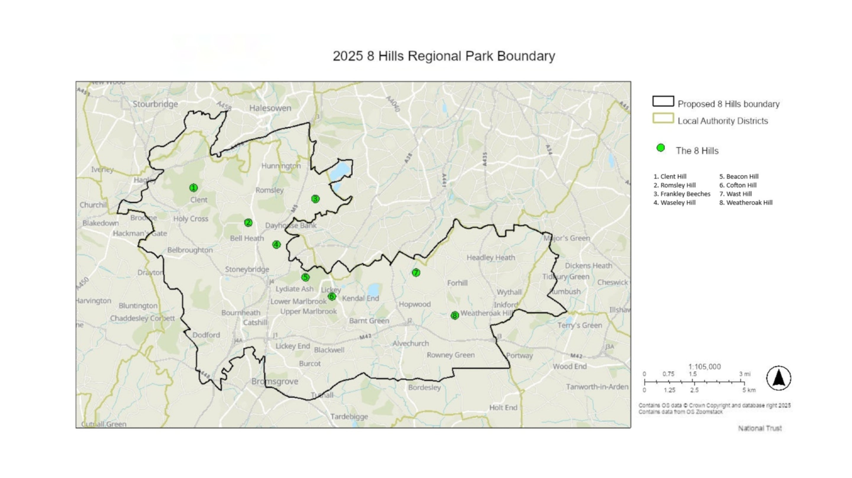 A map of part of Worcestershire with a line around indicating the extent of the proposed 8 Hills regional park boundary