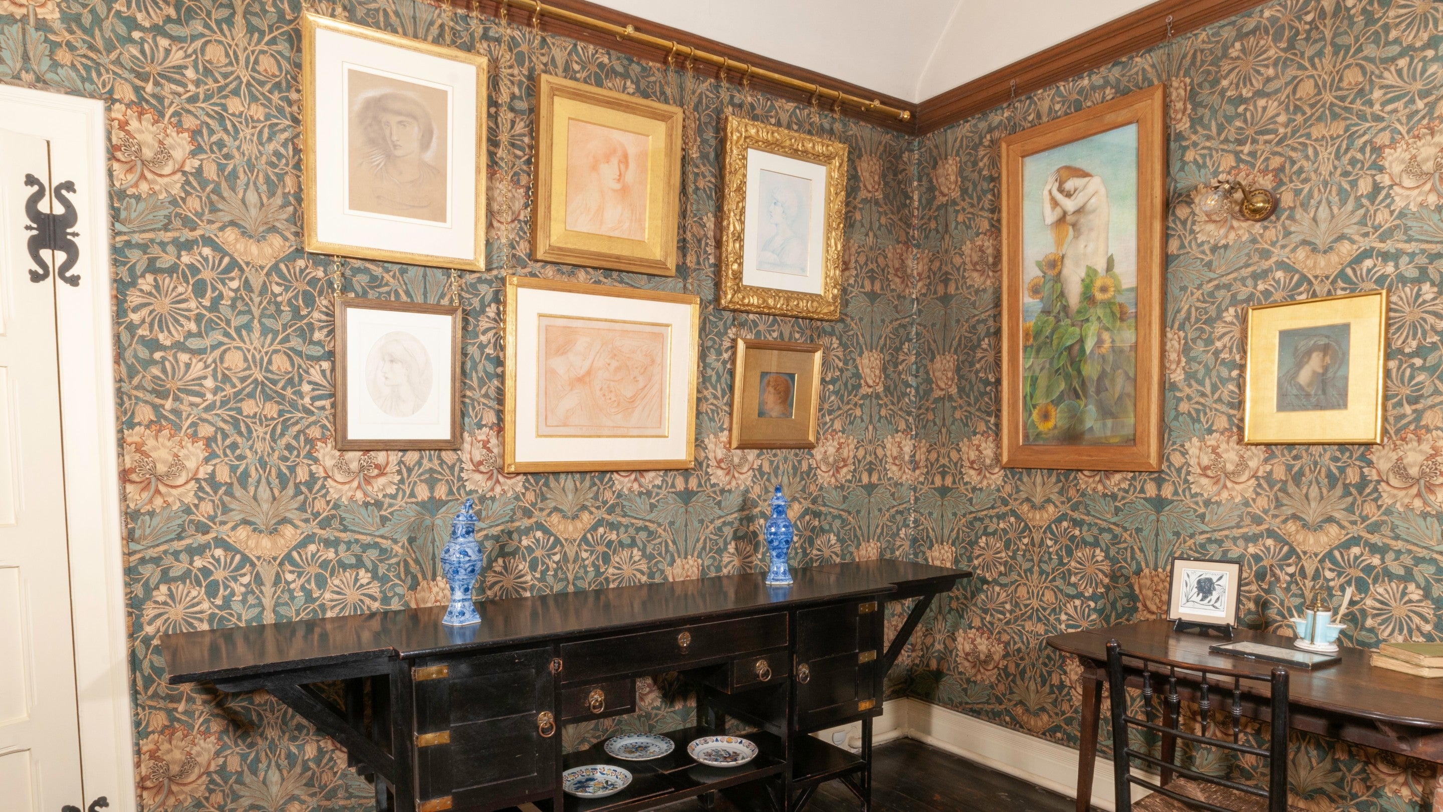 The Honeysuckle Room at Wightwick Manor, West Midlands, featuring art by Simeon Solomon and Evelyn De Morgan