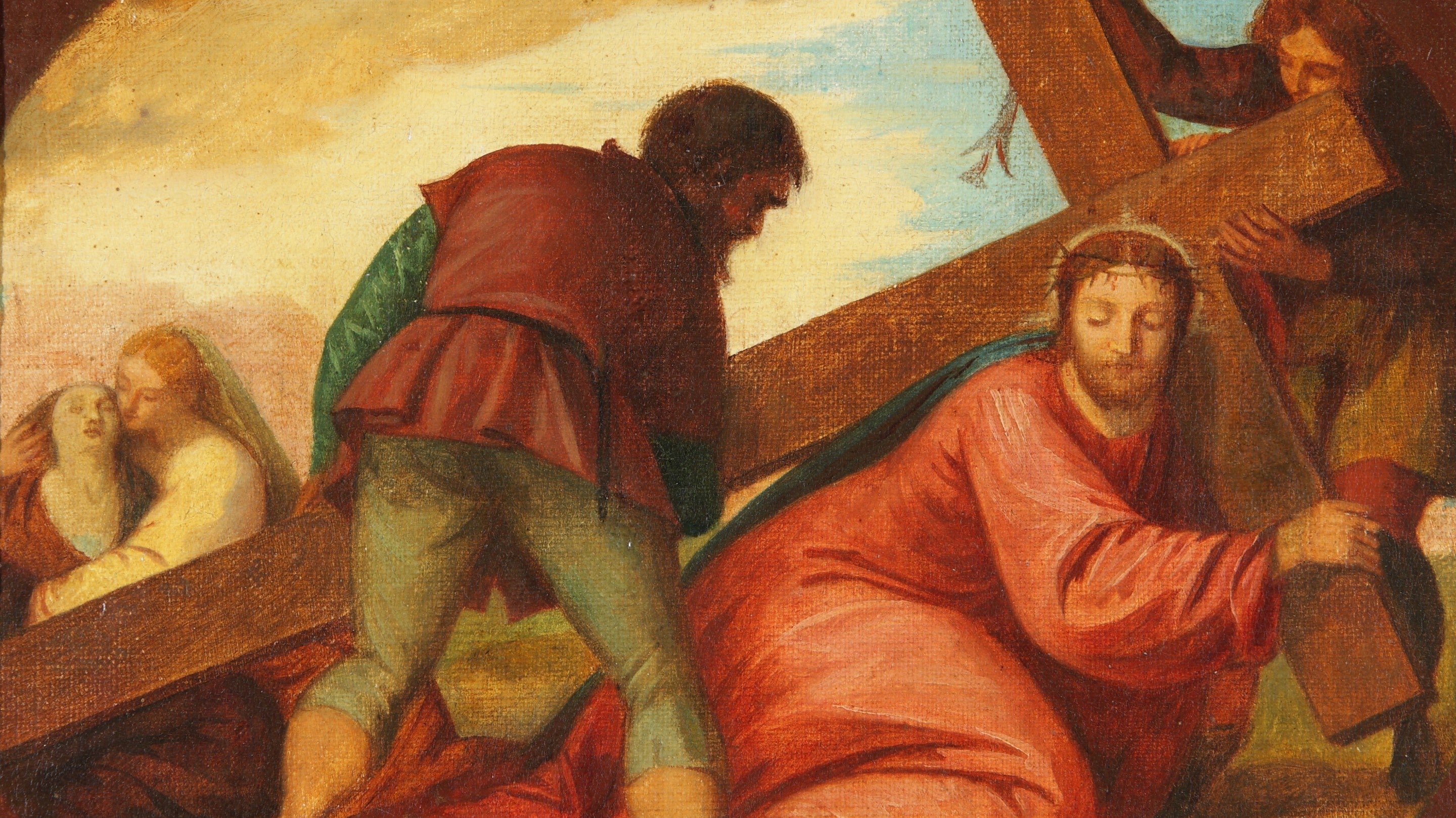 Oil painting on canvas laid down on panel, Road to Calvary (after Veronese), previously attributed to Christina Georgina Rossetti (1830 - 1894), 1850 to late 19th century, after an original Veronese in the Louvre. A painted oval of Christ, bowed under the weight of the Cross, being assisted by a figure on either side; left, two mourning women.