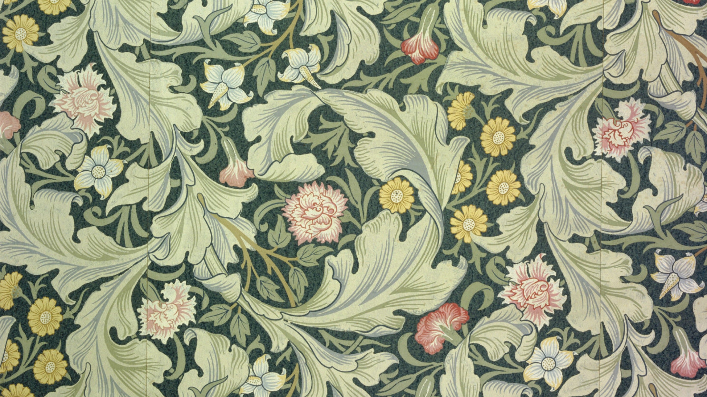 Detail of Leicester wallpaper by J H Dearle from Morris & Co, in the Morning Room at Wightwick Manor