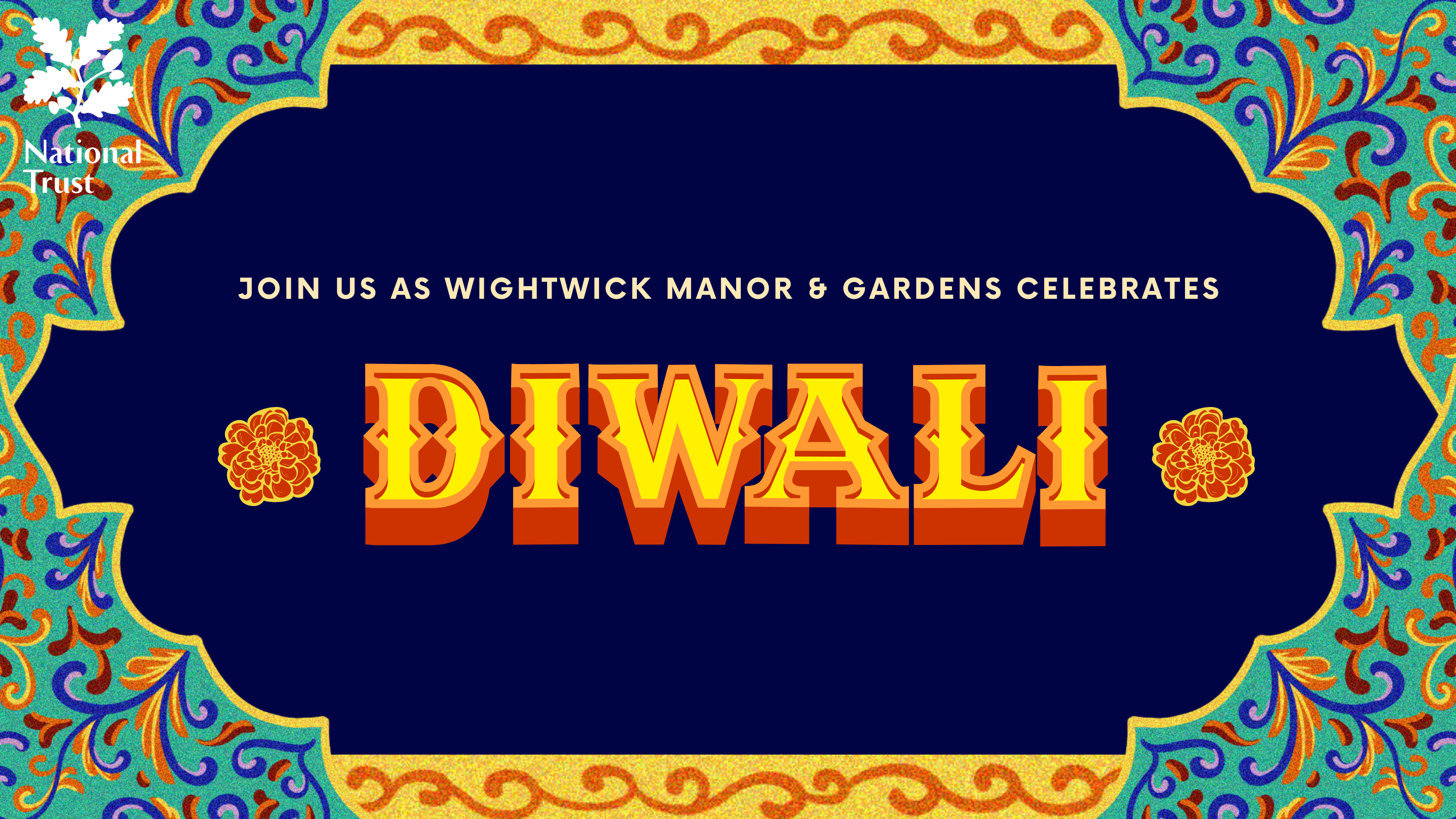 Against an illustrated background of blue and yellow illustrations is the text 'Join us as Wightwick Manor & Gardens celebrates Diwali'
