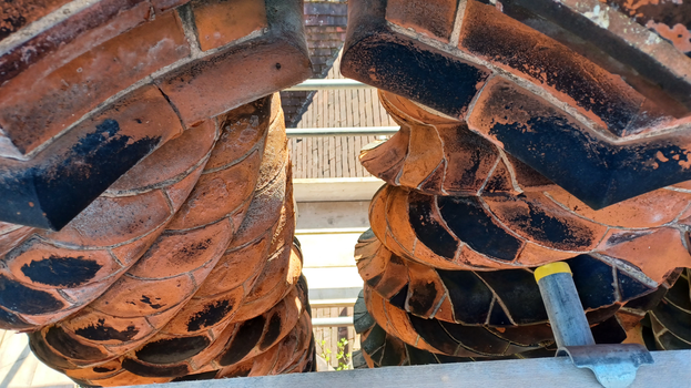 A top down view of the barley twist chimneys at Wightwick Manor, taken from the scaffolding as part of The Big MEND project.