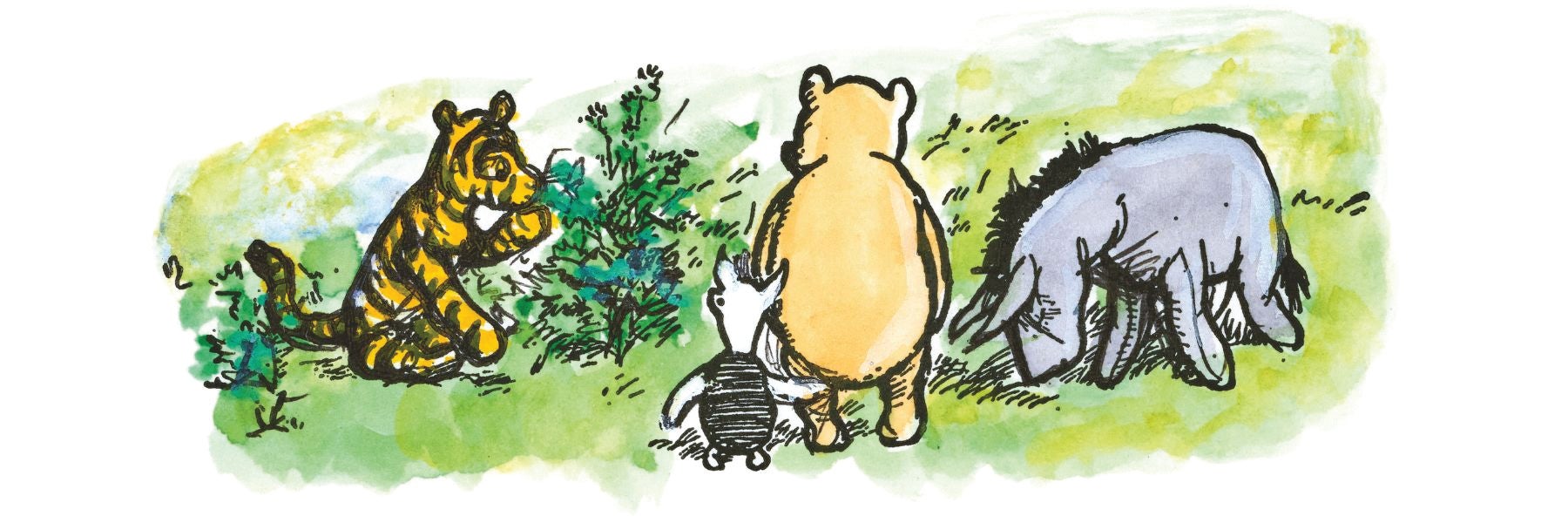 A colour illustration from Winnie the Pooh showing Pooh bear, Eeyore, Piglet and Tiger