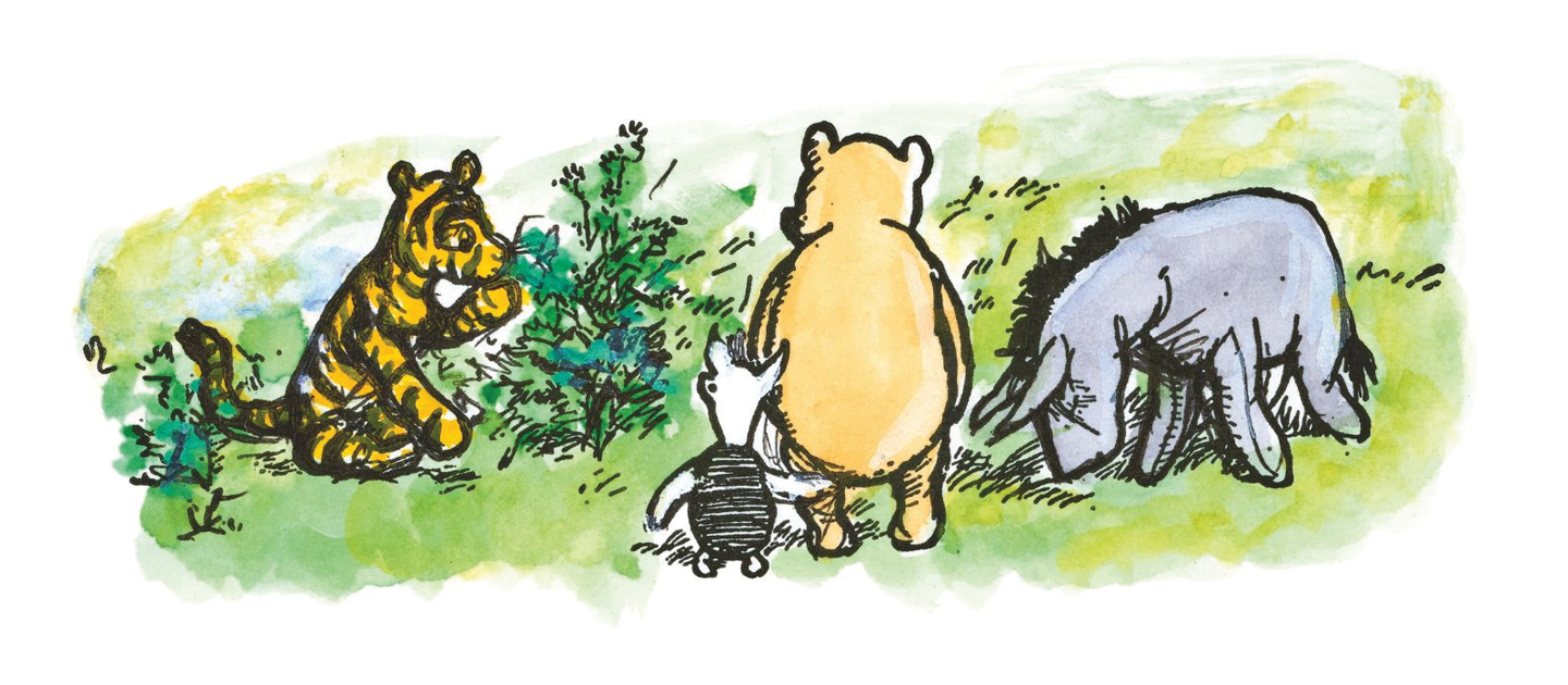 A colour illustration showing Winnie the Pooh, Eeyore, Piglet and Tigger