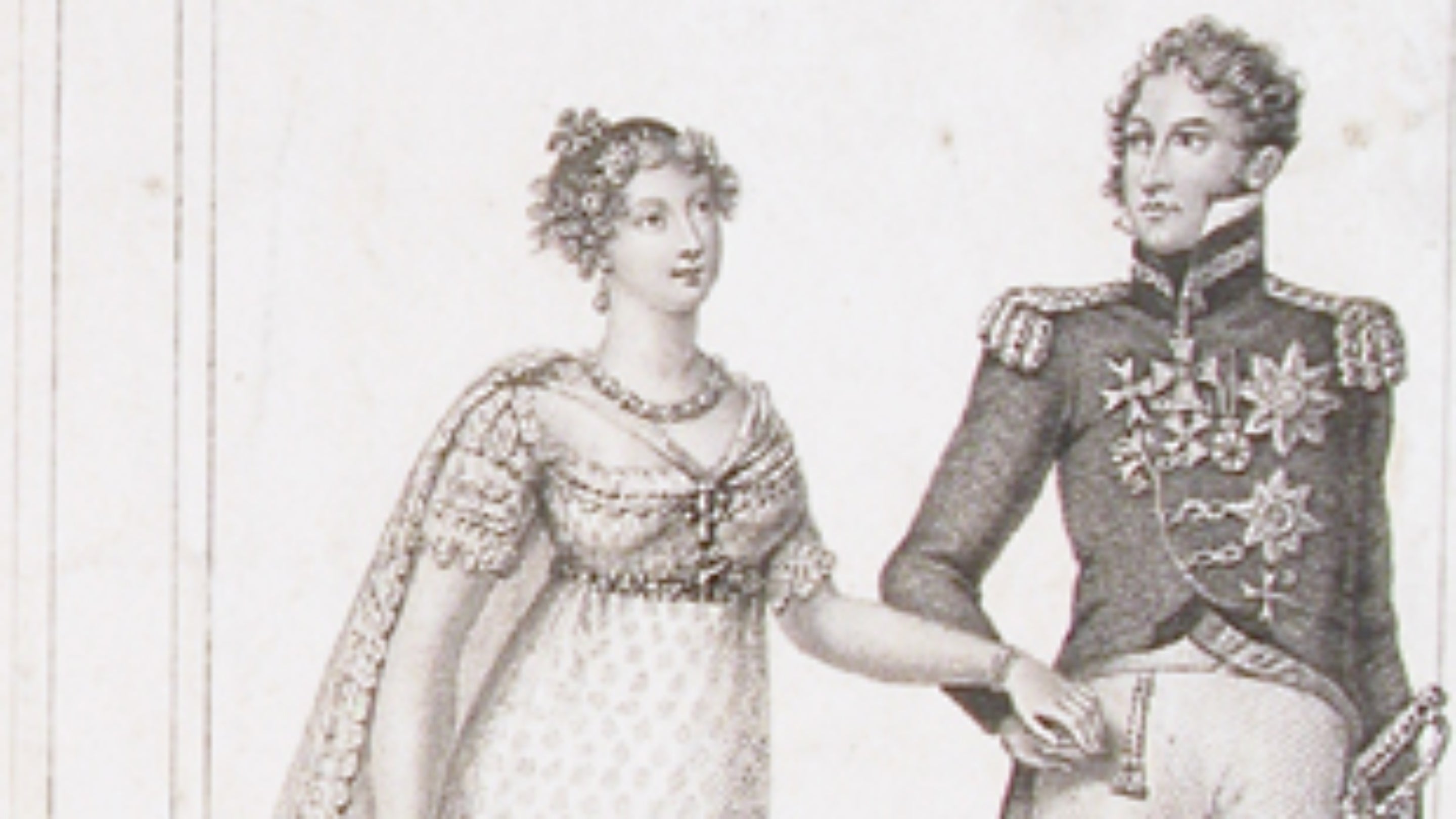 Engraving print by Joseph Bell showing Princess Charlotte and Leopold returning from the altar following their wedding