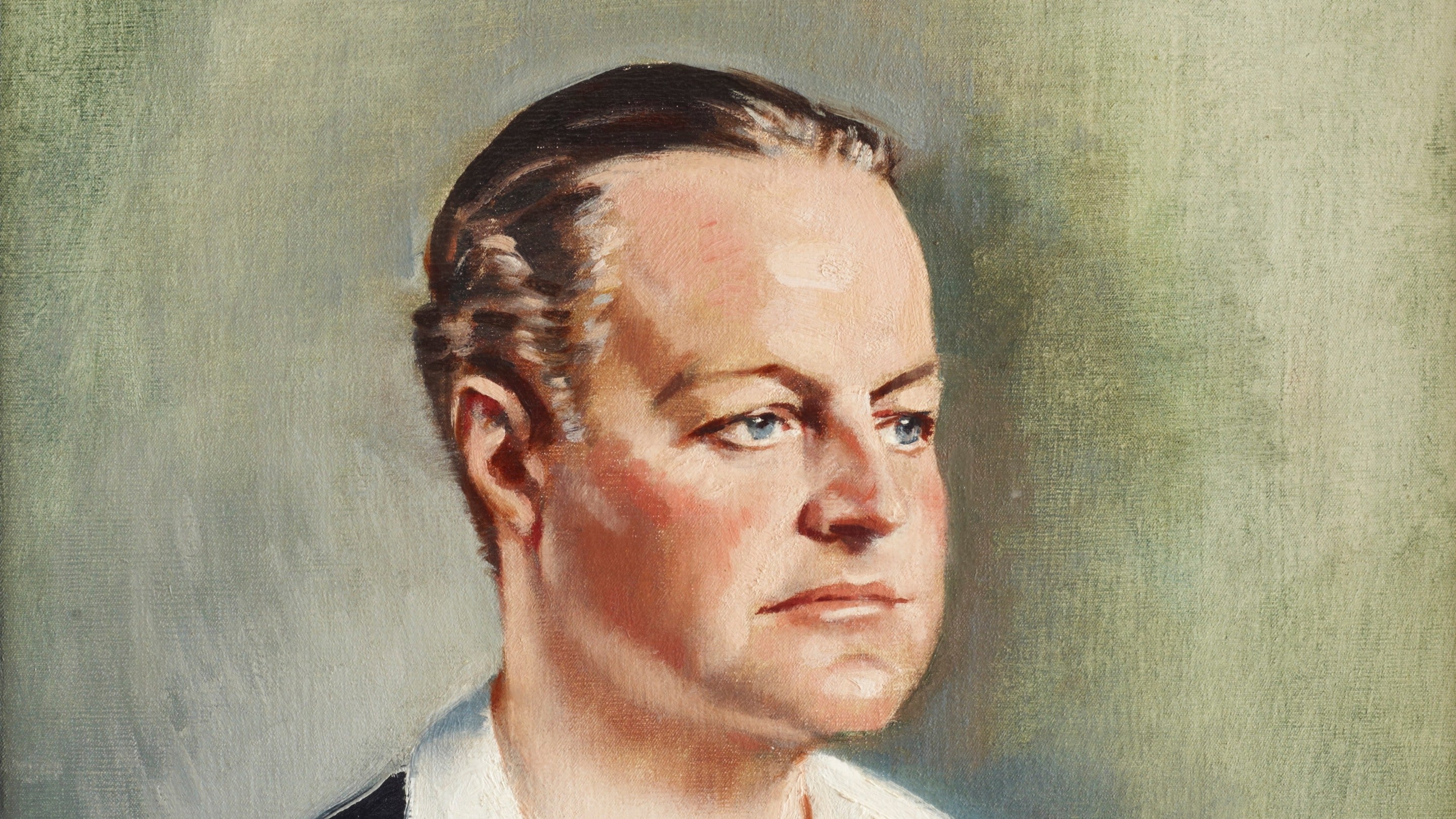 Oil painting on canvas. A head-and-shoulders portrait of Lord Fairhaven of Anglesey Abbey facing right, wearing open neck shirt