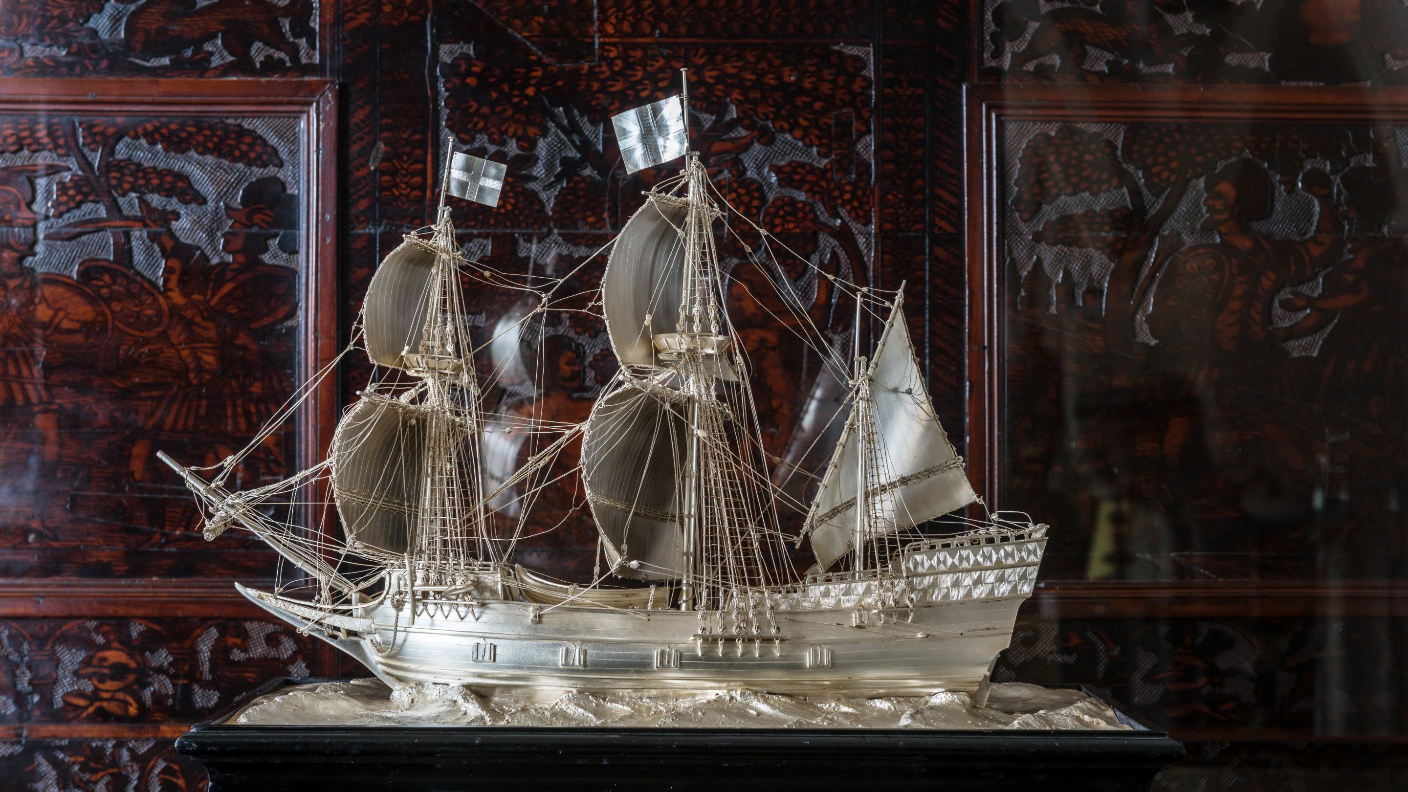 Silver model of the Mayflower ship at Anglesey Abbey, Cambridgeshire