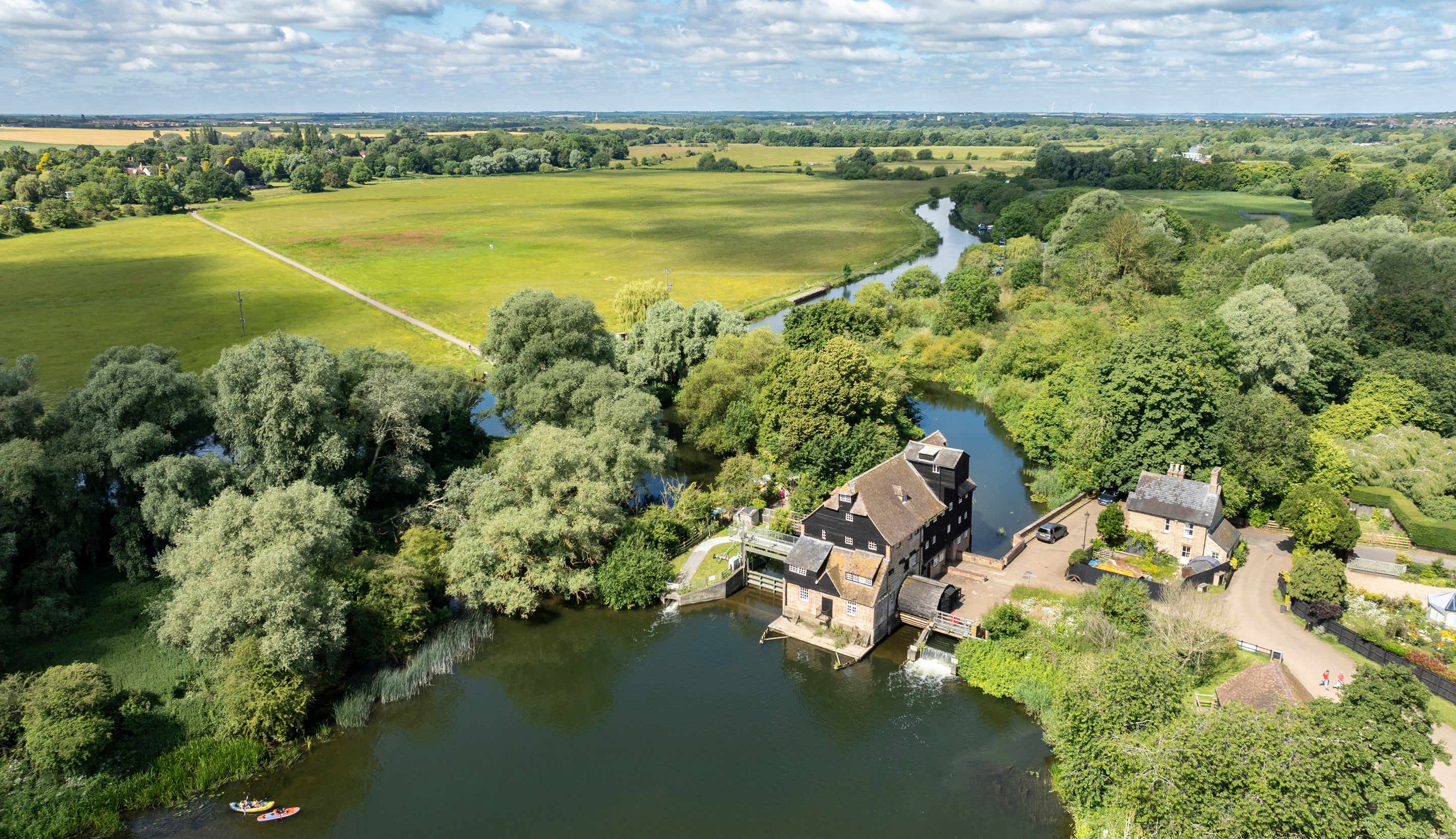 Aerial view of Houghton Mill and Waterclose Meadows, Cambridgeshire