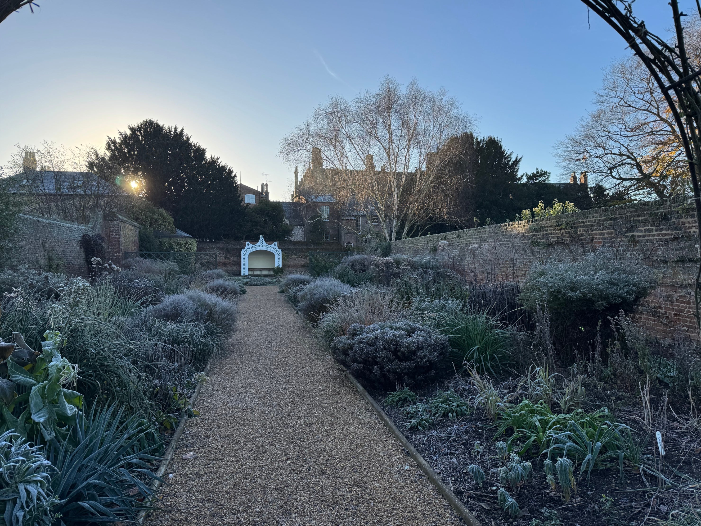 A light covering of frost across the Mingle Border at Peckover House and Garden. Flowerbeds line either side of the pathway.