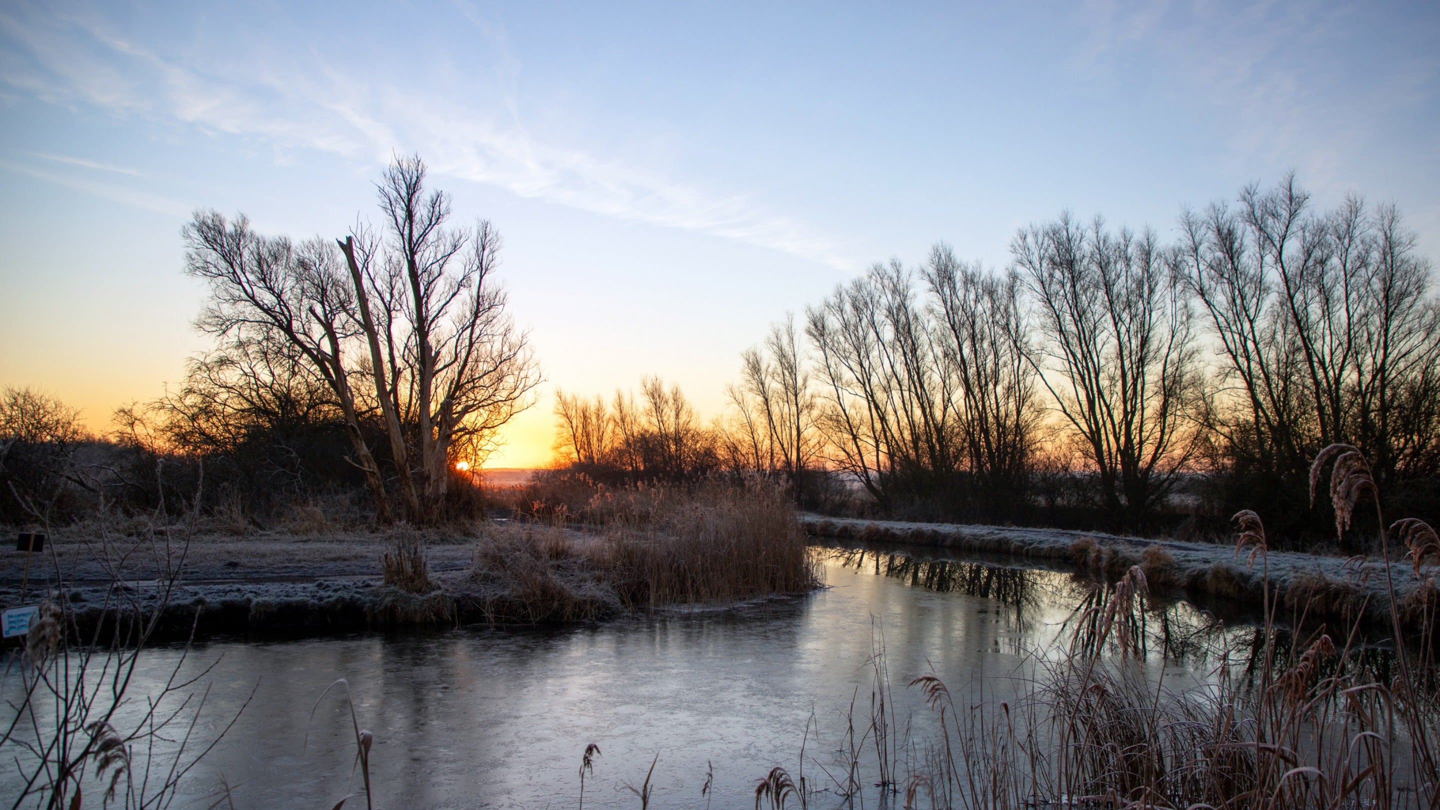 Bare tree branches and a frost covered river bank with river in between and a low sunset in the background