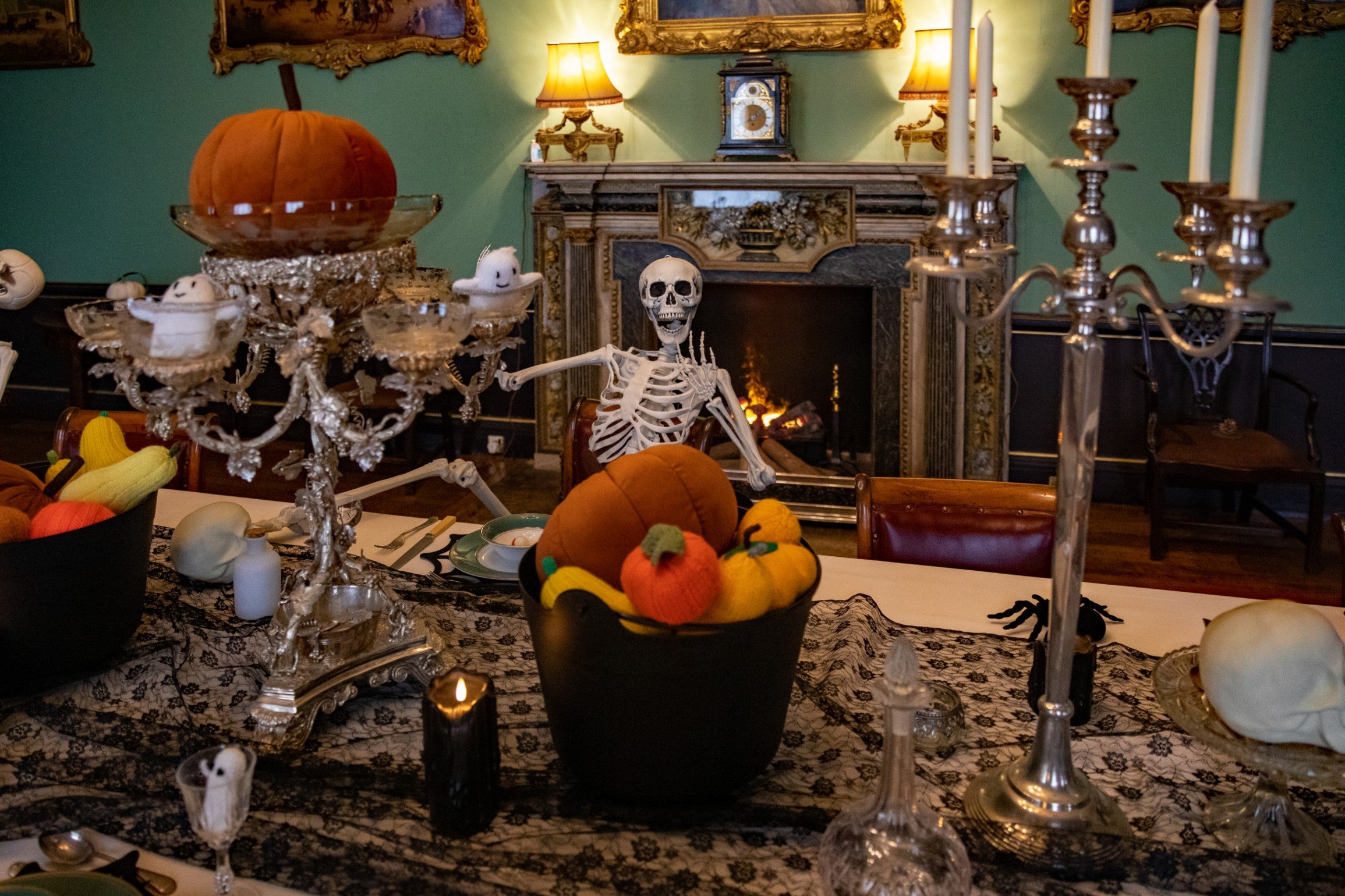 Wimpole Hall Dining Room is decked out with skeletons and spooky Halloween decorations