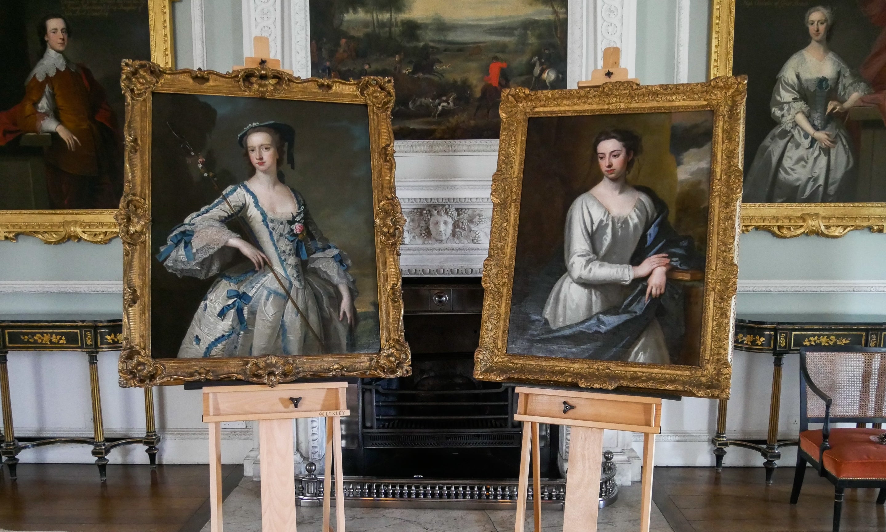 Portraits of Elizabeth Yorke-Anson and Margaret Cocks-Yorke side by side in Wimpole Hall's Long Gallery