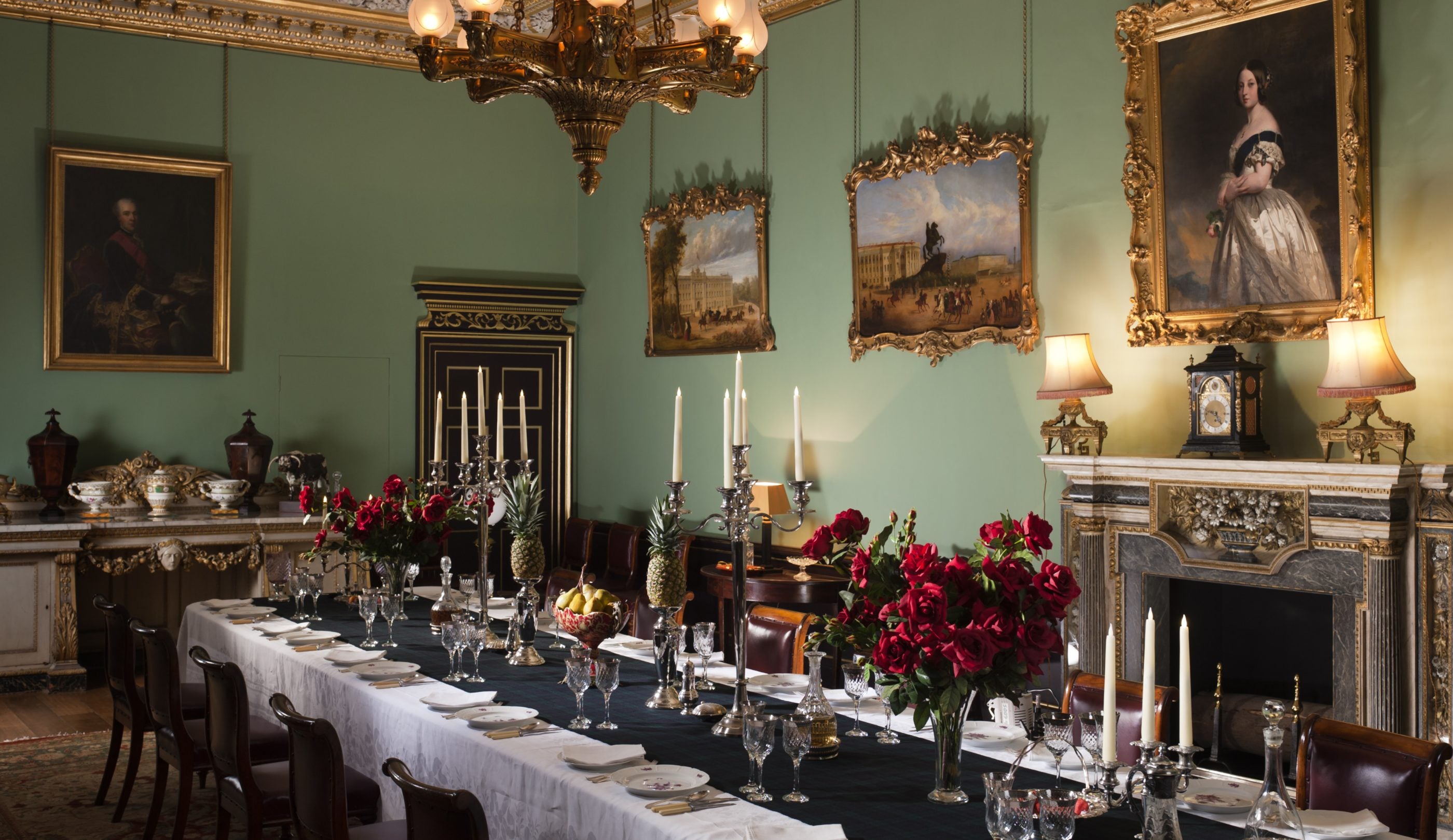 The grand dining room at Wimpole Hall, with the table set for a lavish feast