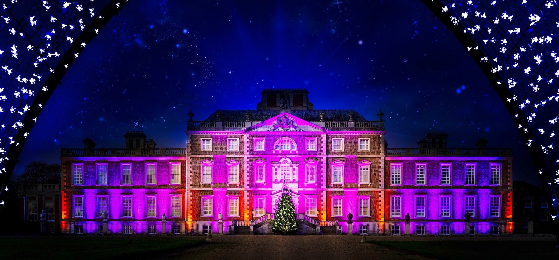 Wimpole Hall illuminated by Christmas lights