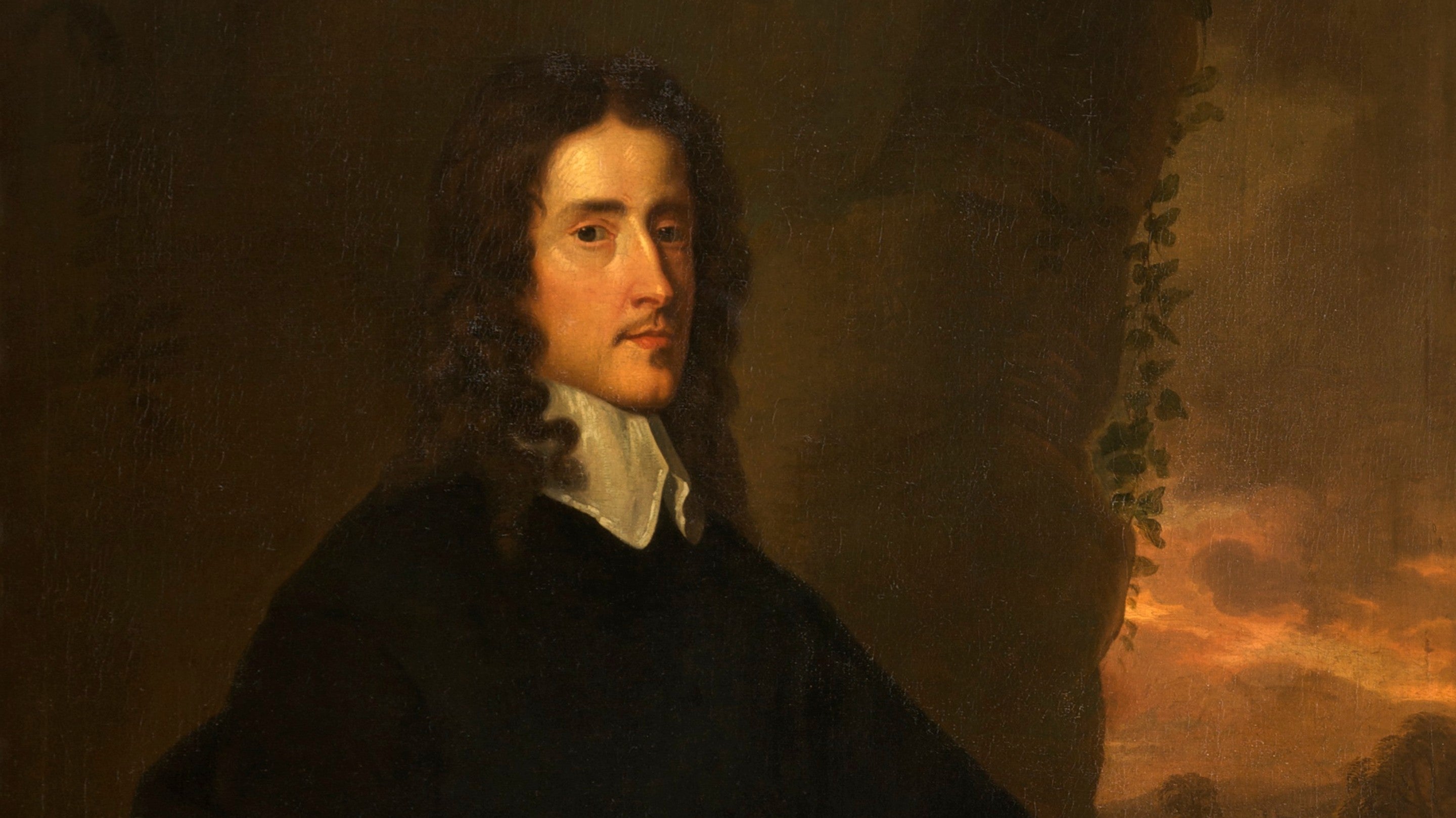 A portrait of a 17th century man with long, curly, black hair.